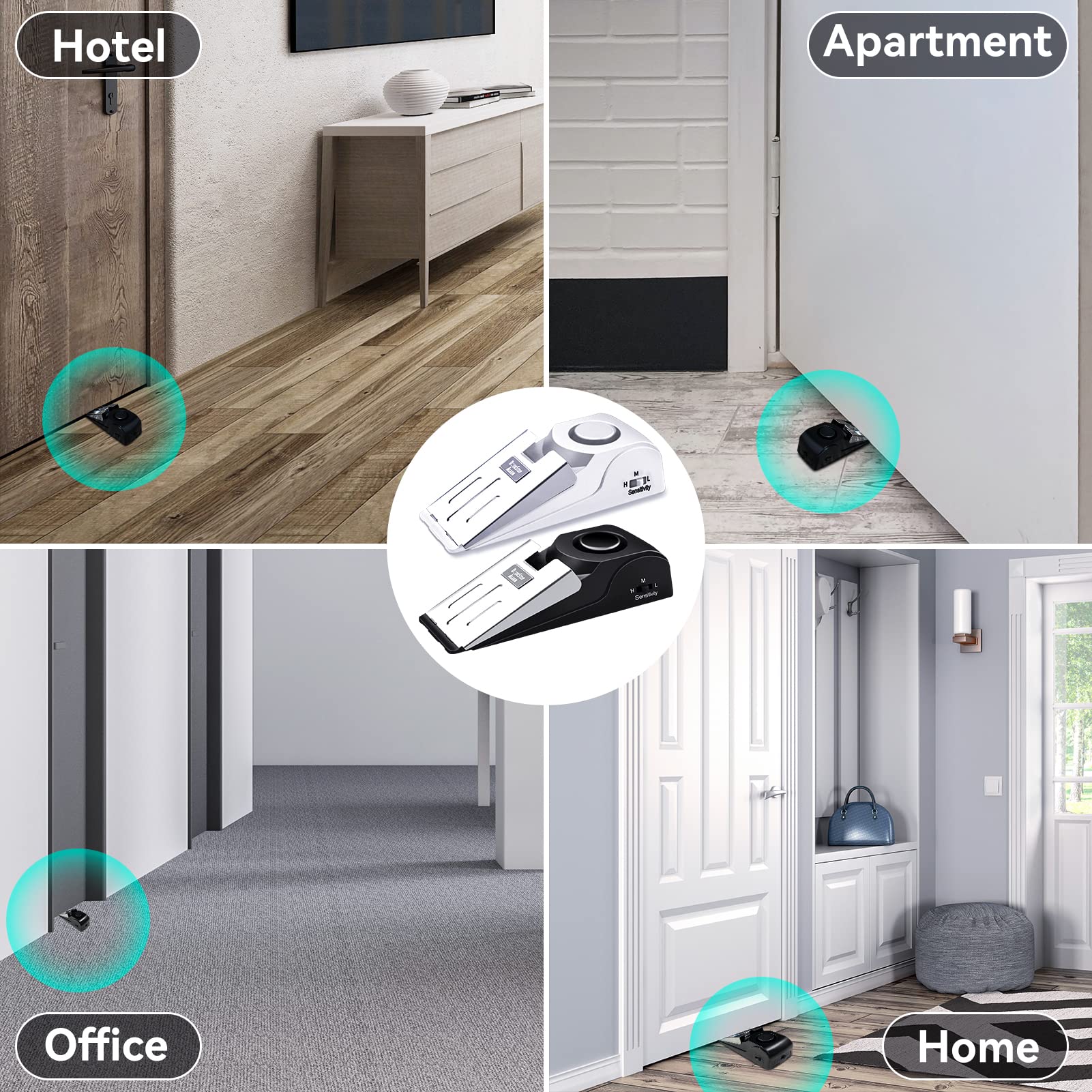 4 Pack AceMining Door Stop Alarm, Door-Stop Alarm with 120dB Siren, Door Stop Alarms for Home Door Stoppers Security, Door Stoppers Alarm for Travelling Hotel, Floor Wedge Alarm Door Stopper (Black)