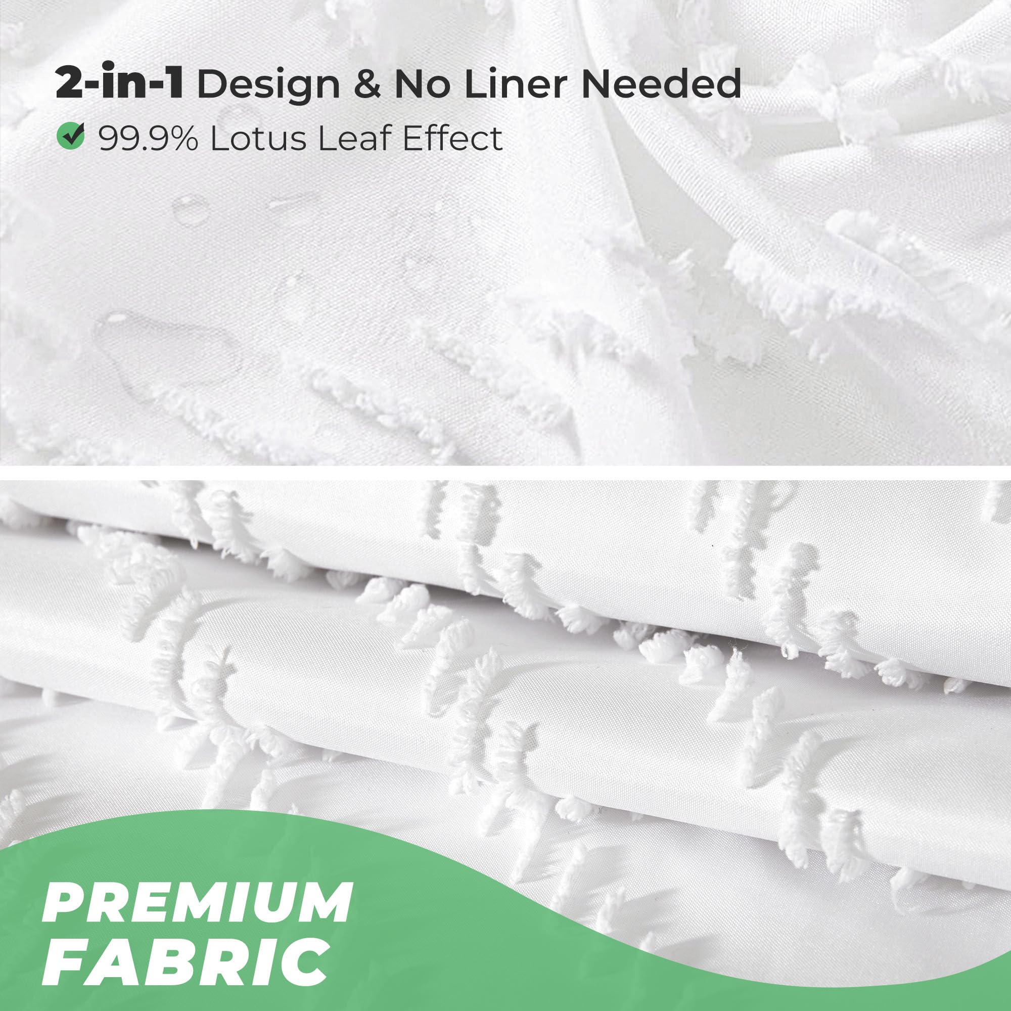 Extra Long Shower Curtains 72 x 84 Inches White Tufted Chevron Striped Fabric Shower Curtains for Bathroom Modern Shabby Chic Waterproof Cloth Shower Curtain Set with Hooks, White