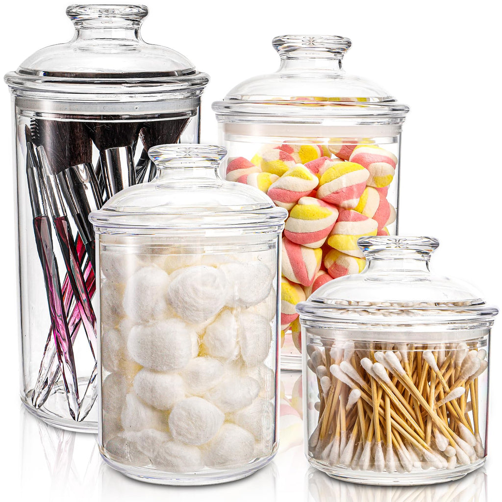 DEAYOU 4 Pack Clear Plastic Apothecary Jars, Plastic Storage Jar Canister with Airtight Lid, Cotton Qtip Holder Bathroom, Candy Cookie Container Organizer for Bath Salt, Pad, Vanity,33 Oz/23 Oz/13 Oz