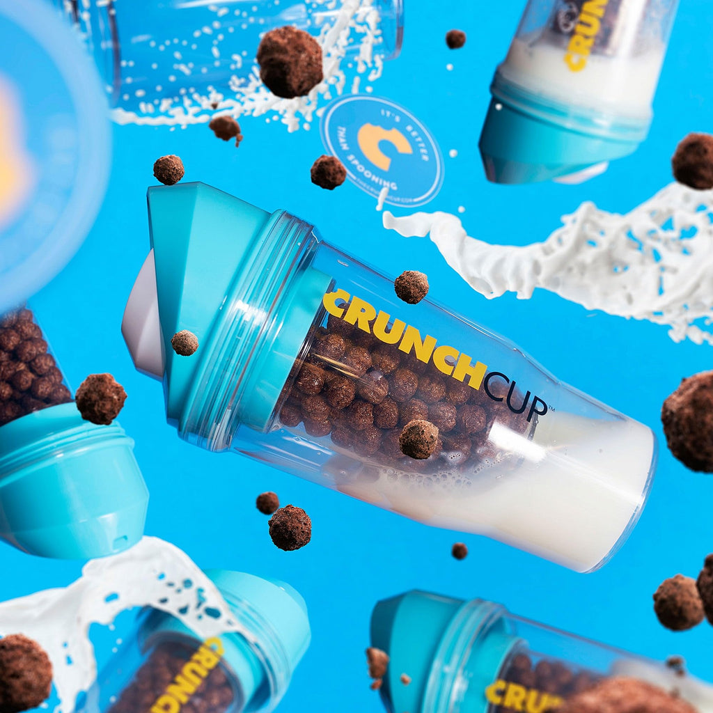 The CRUNCHCUP XL Blue - Portable Plastic Cereal Cups for Breakfast On the Go, to Go Cereal and Milk Container for Your Favorite Breakfast Cereals, No Spoon or Bowl Required