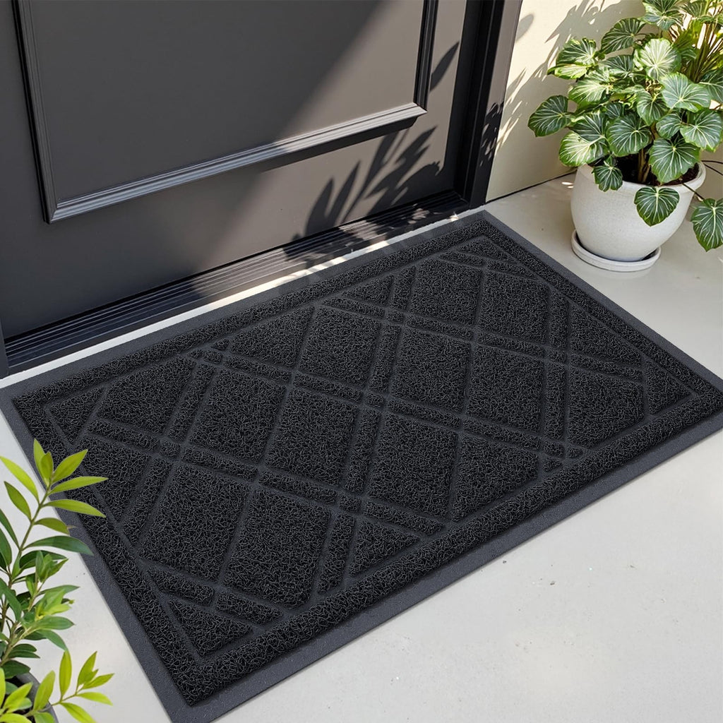 Front Door Mat Outdoor Mat for Entrance, Non-Slip Low Profile Doormat, Durable Dirt Trapper Welcome Mat Shoe Mat for Outdoor, Indoor, Front Back Doors, Entrance, 17"x30", Black