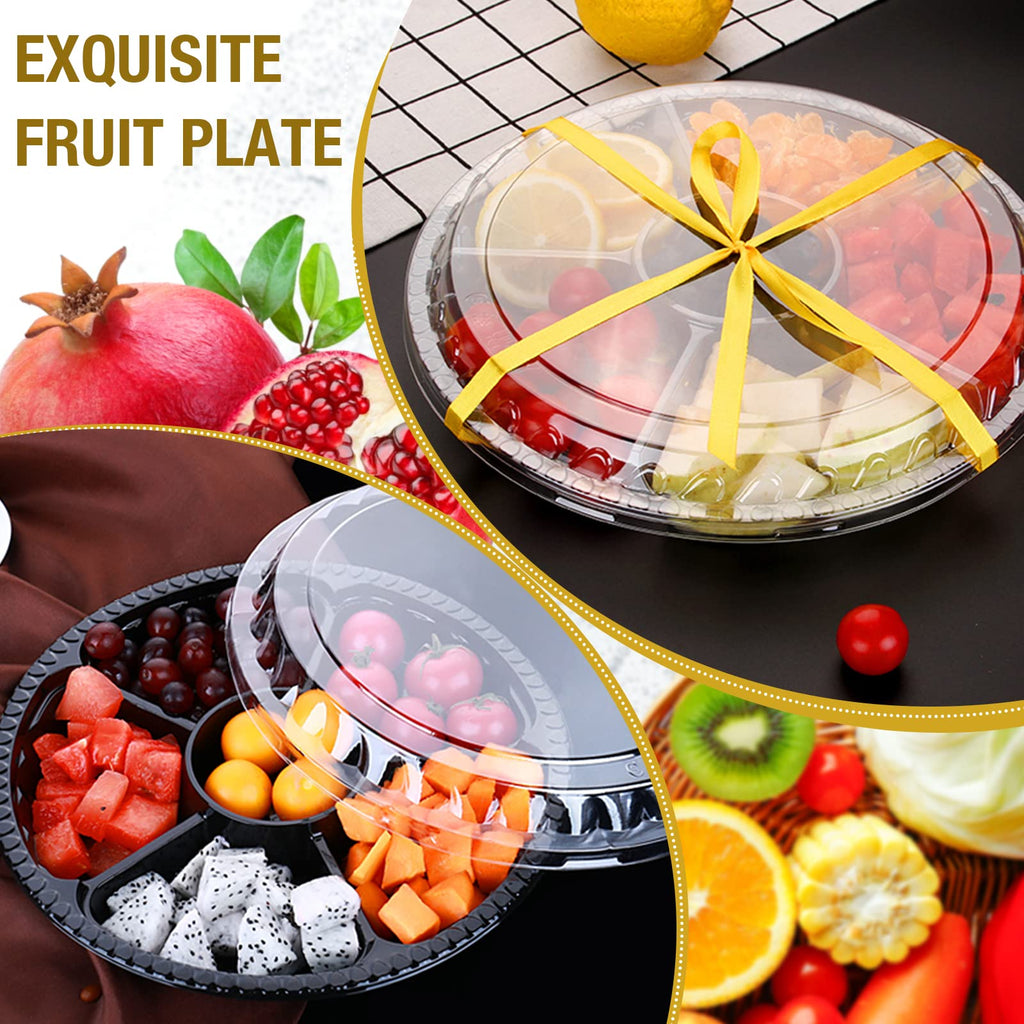 mwellewm 10 Pcs Round Plastic Appetizer Tray with Lid,Divided Serving Tray, Disposable Food Storage Trays Containers, Plastic Tray Storage,Fruit Platter Vegetable Trays for Party and Buffet 10.4 Inch