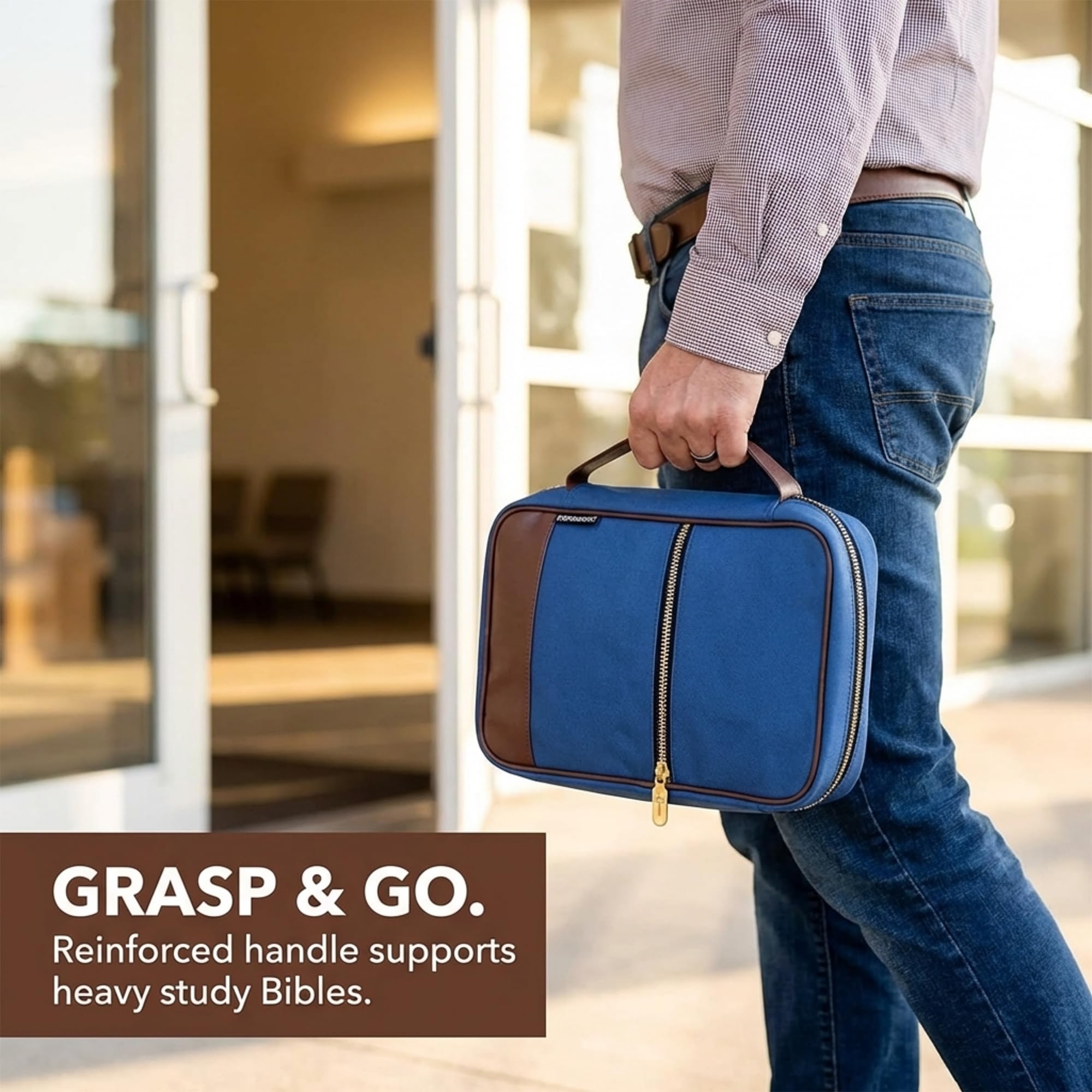 Performore Bible Cover for Men & Boys, Blue Jean Canvas Bible Case with Handle and Zipper, Large Carrying Case for Kids, Heavy Duty Church Bag, Water-Resistant, Christian Gifts, 10.2 x 7.5 x 2.7 in