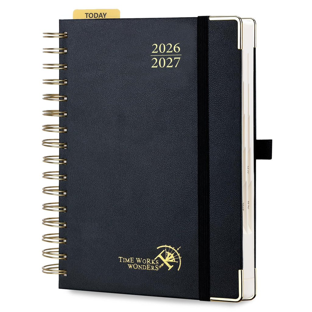 POPRUN 2026-2027 Daily Planner One Page Per Day, 5.75" x 8.5", Academic Daily Calendar Book with July 2026 to June 2027, Hardcover Appointment Book with Hourly Time Slots, Spiral Bound, Monthly Tabs - Black