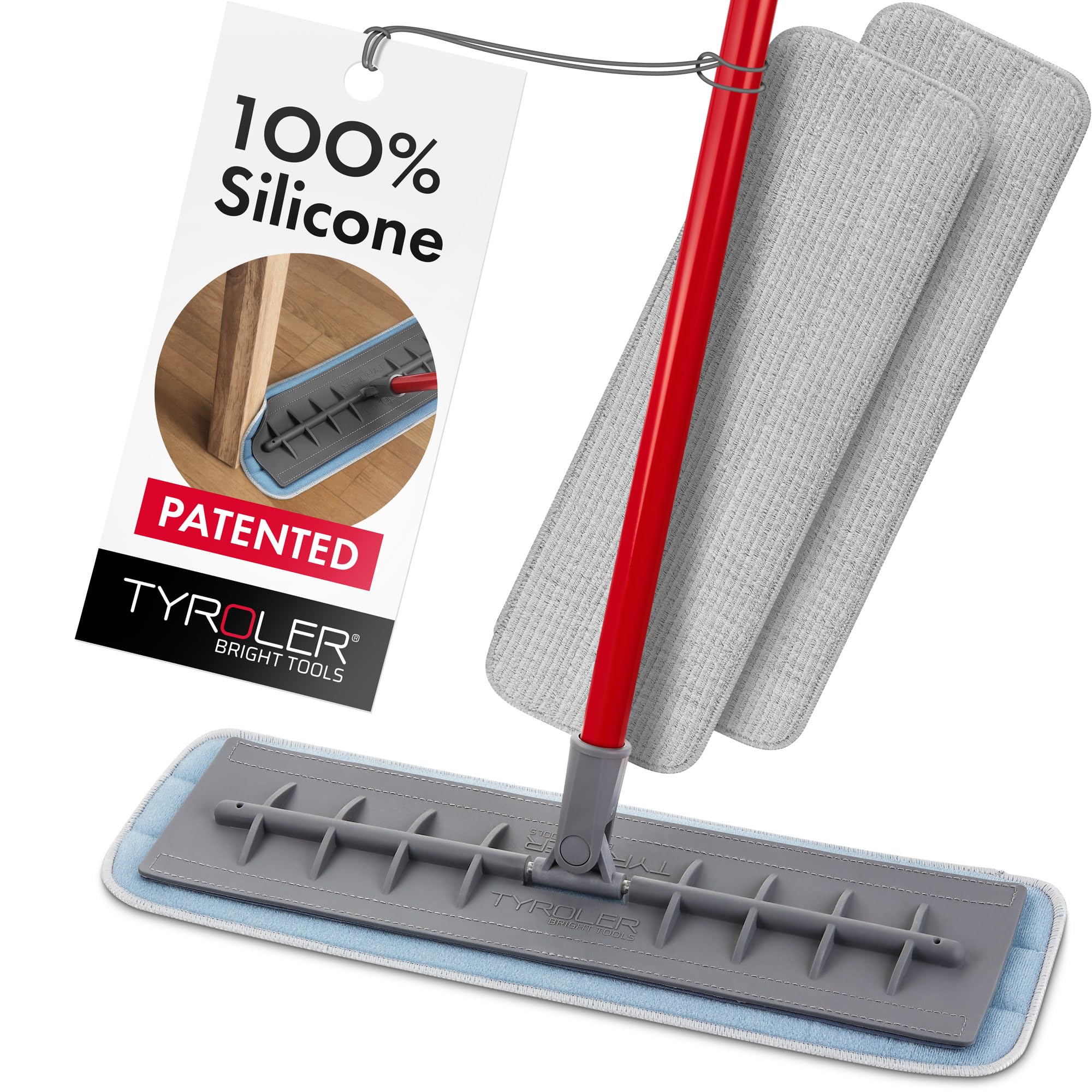 Tyroler Microfiber Floor Mop - Perfect for Hardwood, Laminate, Parquet & Tile 100% Flexible Silicone Won't Scratch | 2 Free Microfiber Pads | Aluminum Anti-Rust Handle (Mop)