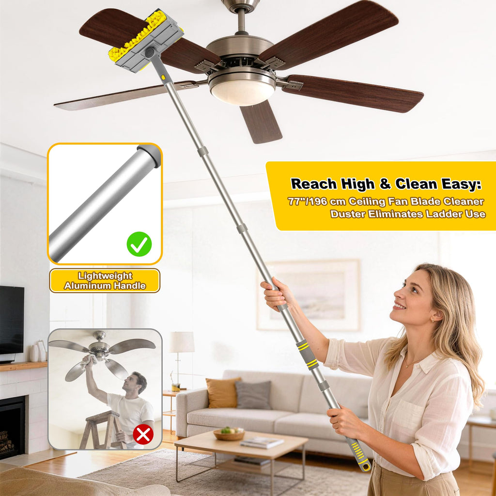 JEHONN 77” Ceiling Fan Cleaner Duster with Extra Bendable Chenille Dust Cleaning Tool, Detachable Washable Mop for Baseboard, Blinds, Walls, Floors & Car Interiors (Yellow)