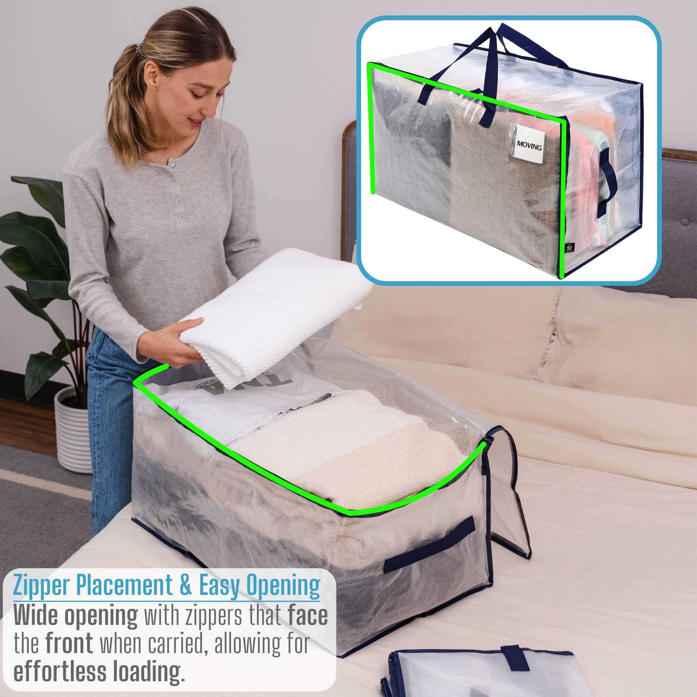 VENO Heavy Duty Extra Large Foldable Storage Bags with Zippers & Carrying Handles, Storage Containers Organizer Tote, Moving Boxes for College Dorm, Travel, Camping, Reusable (Clear, 4 Pack)
