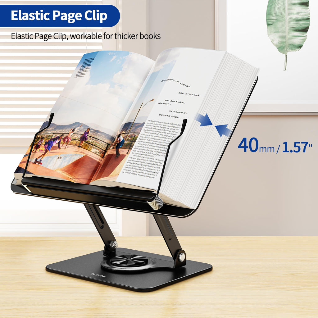 BESIGN BS02 Book Stand for Reading, Adjustable Book Holder, Ergonomic Laptop Stand with Elastic Page Clips for Music Scores, Recipe, Tablet, Laptop (Black)