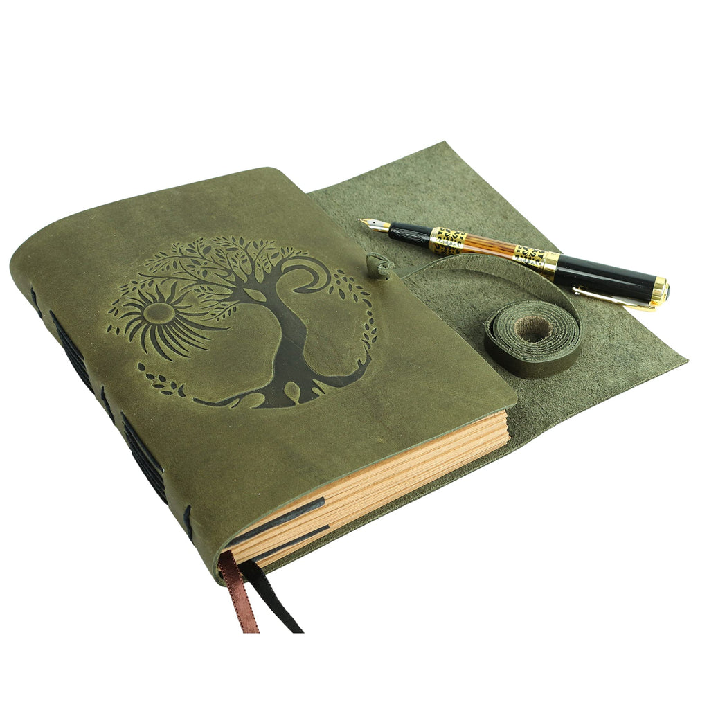 Leather Journal for women and men embossed 8 x 6 inch Handmade Lined craft paper tree of life sun and moon notebook writing notepad book of shadows journal (Green)