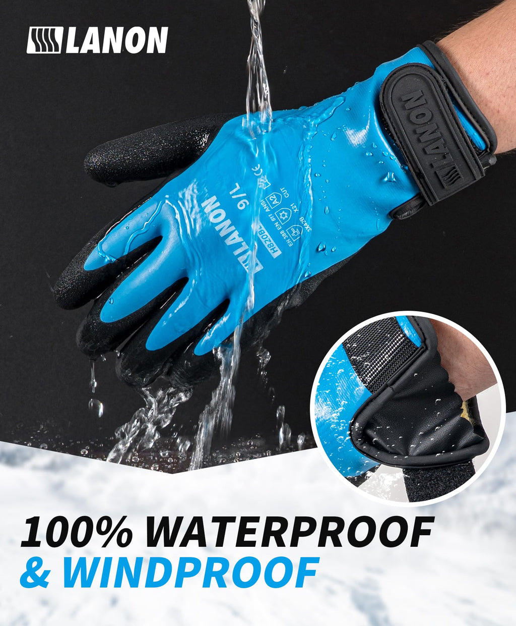 LANON Waterproof Winter Work Gloves, Double Rubber Coated, Thermal Insulated Freezer Gloves for Cold Weather, Heavy Duty, Non-Slip Grip, Wrist Closure, Blue,M