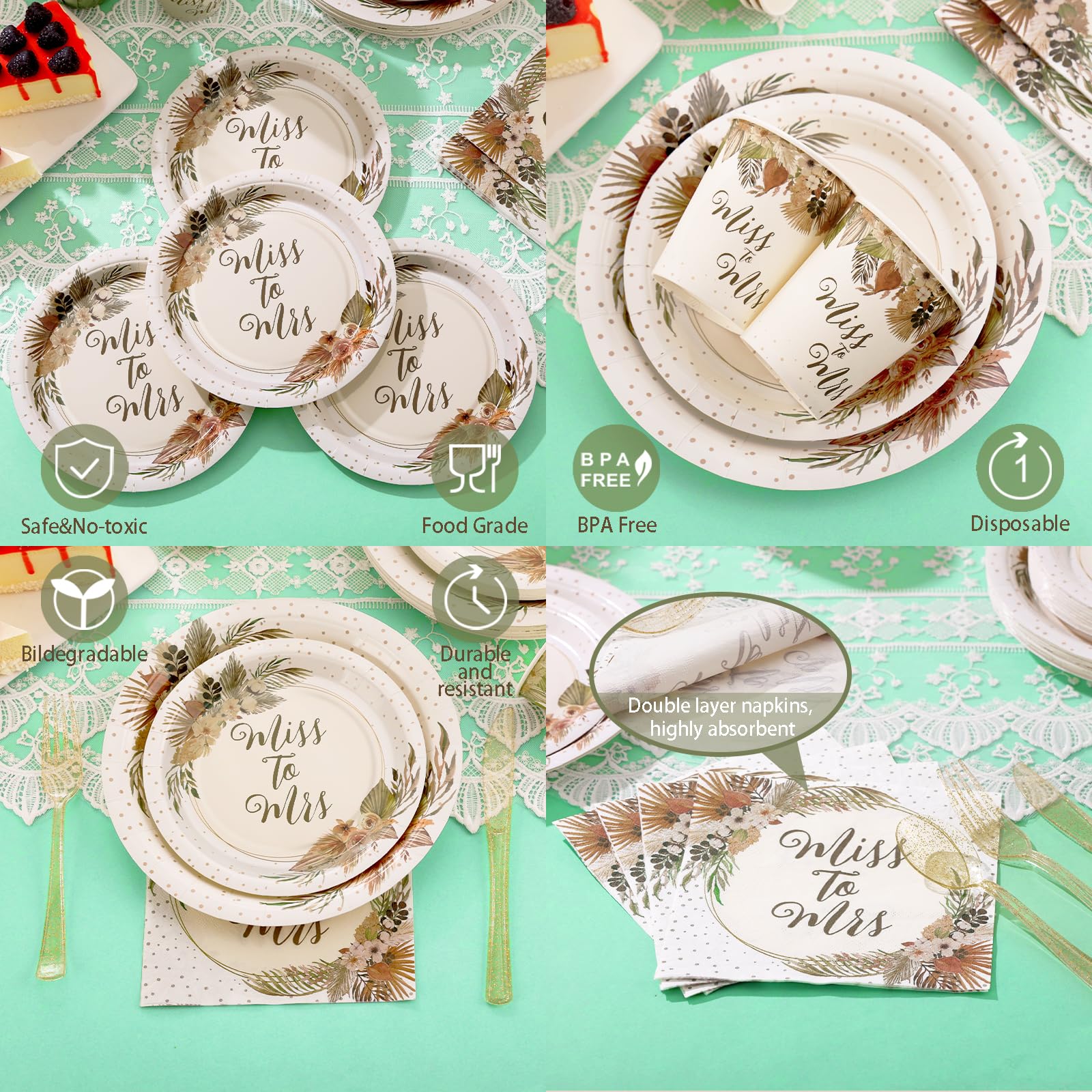 Gudvilla Boho Bridal Shower Decorations, 168Pcs Bridal Shower Plates and Napkins Sets Serve 24, Miss to Mrs, Love is In Bloom, Love is Brewing, Bride To Be, Bachelorette, Fall in Love Wedding Shower