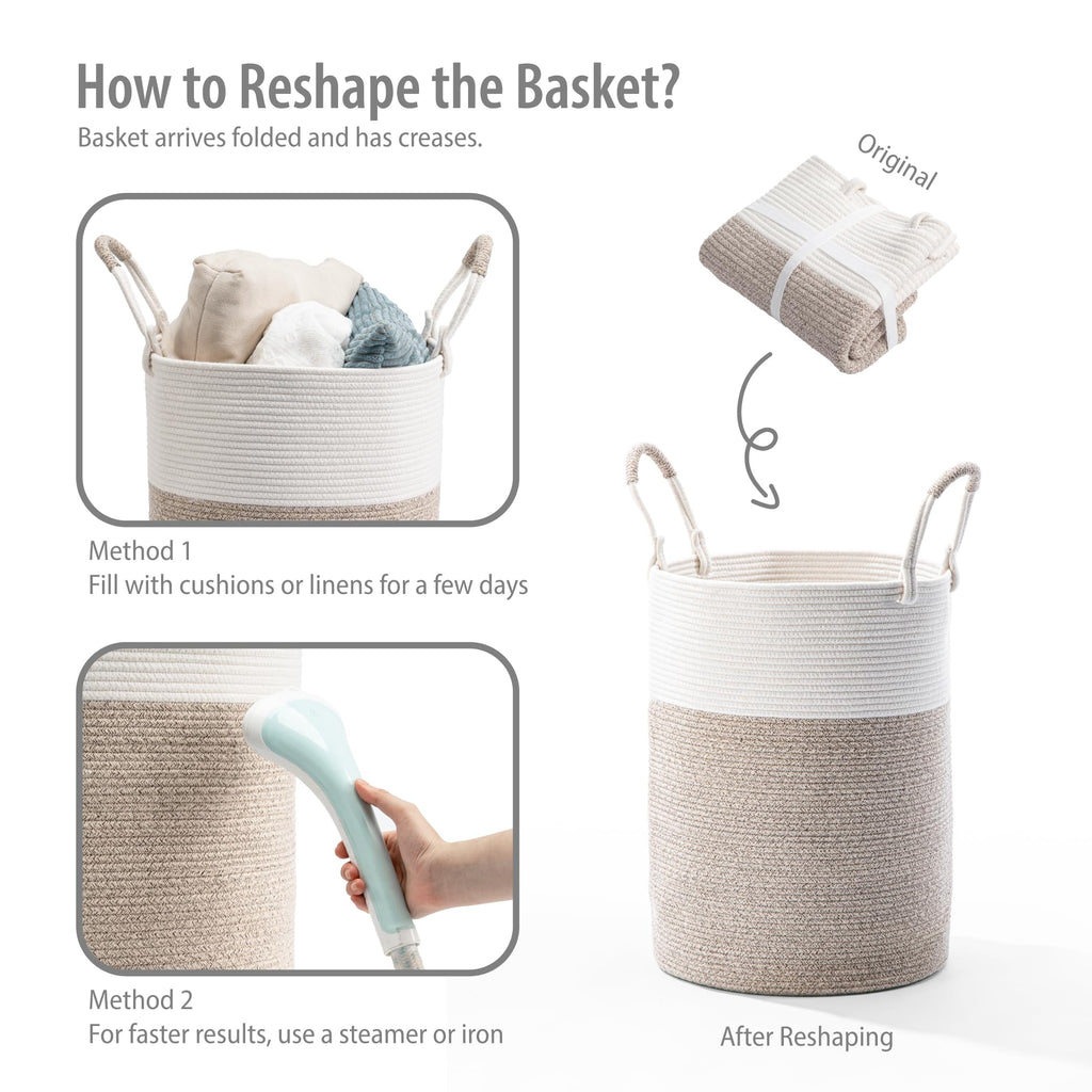 Kodomoore Laundry Basket Hamper – Woven Cotton Rope Nursery Hamper for Clothes, Blankets, Yoga Mat – Boho Basket for Living Room – 15”D x 18”H – White & Beige Brown