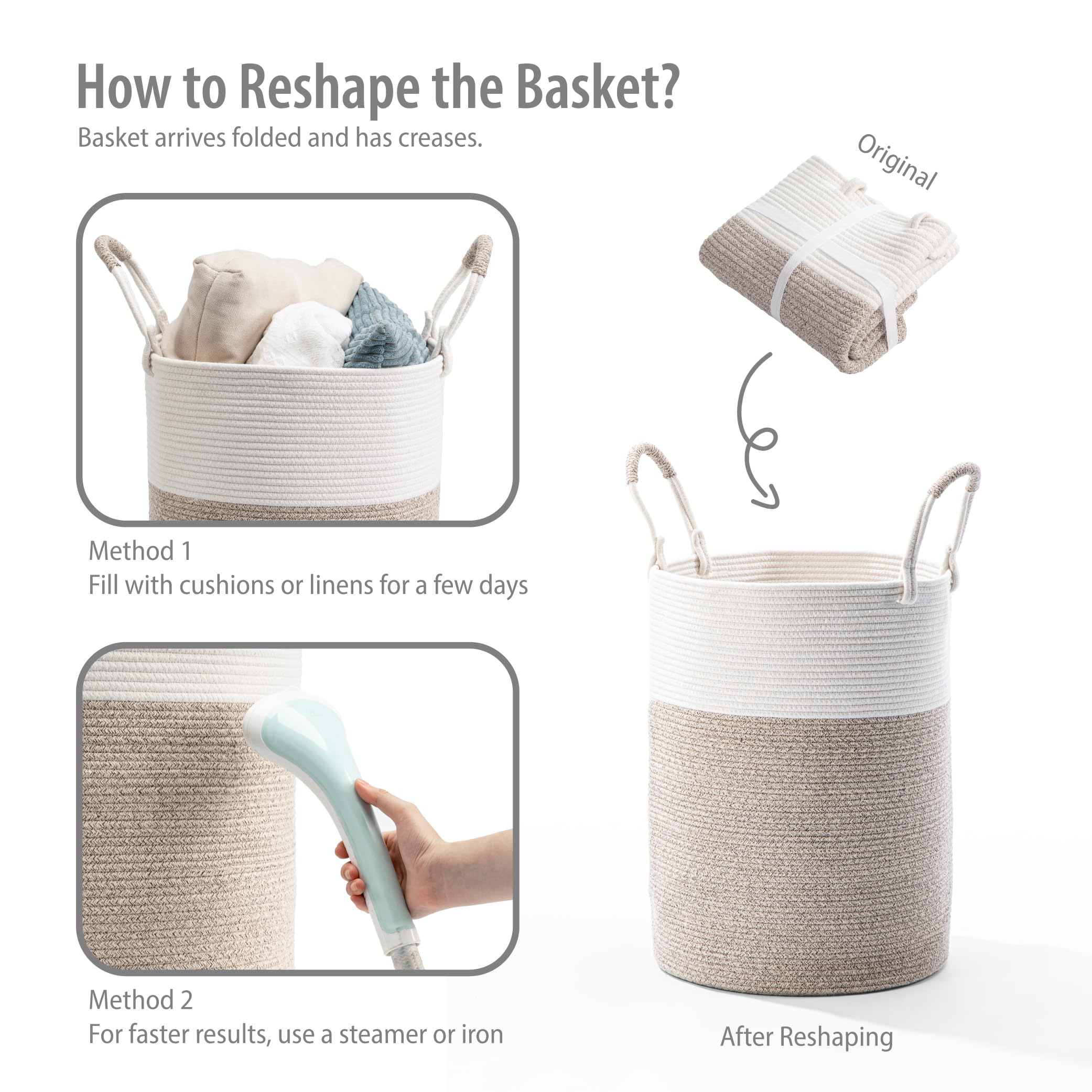 Kodomoore Laundry Basket Hamper – Woven Cotton Rope Nursery Hamper for Clothes, Blankets, Yoga Mat – Boho Basket for Living Room – 15”D x 18”H – White & Beige Brown