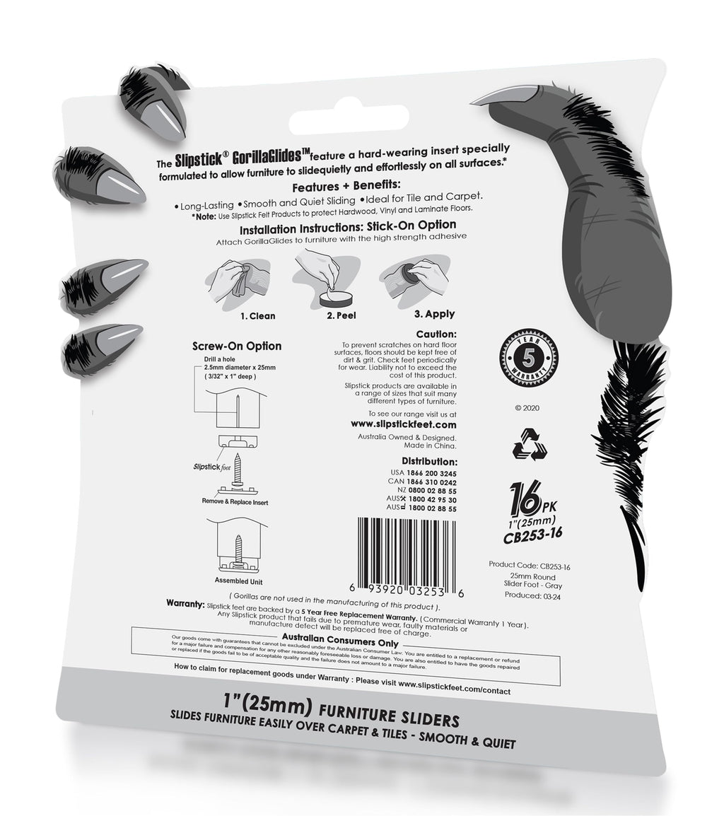 GorillaGlides 1 Inch (25mm) Chair Sliders/Floor Protectors (16 Furniture Glides) Screw-On or Self-Adhesive, for Sliding on Carpet & Hard Surface Floors, Round, CB253-16