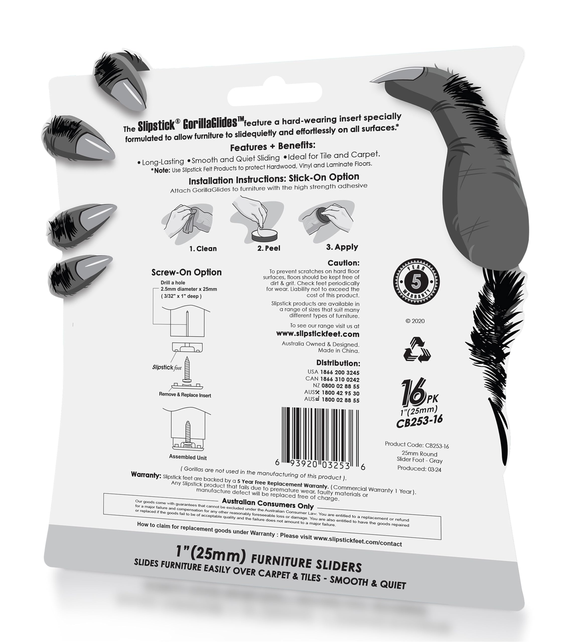 GorillaGlides 1 Inch (25mm) Chair Sliders/Floor Protectors (16 Furniture Glides) Screw-On or Self-Adhesive, for Sliding on Carpet & Hard Surface Floors, Round, CB253-16