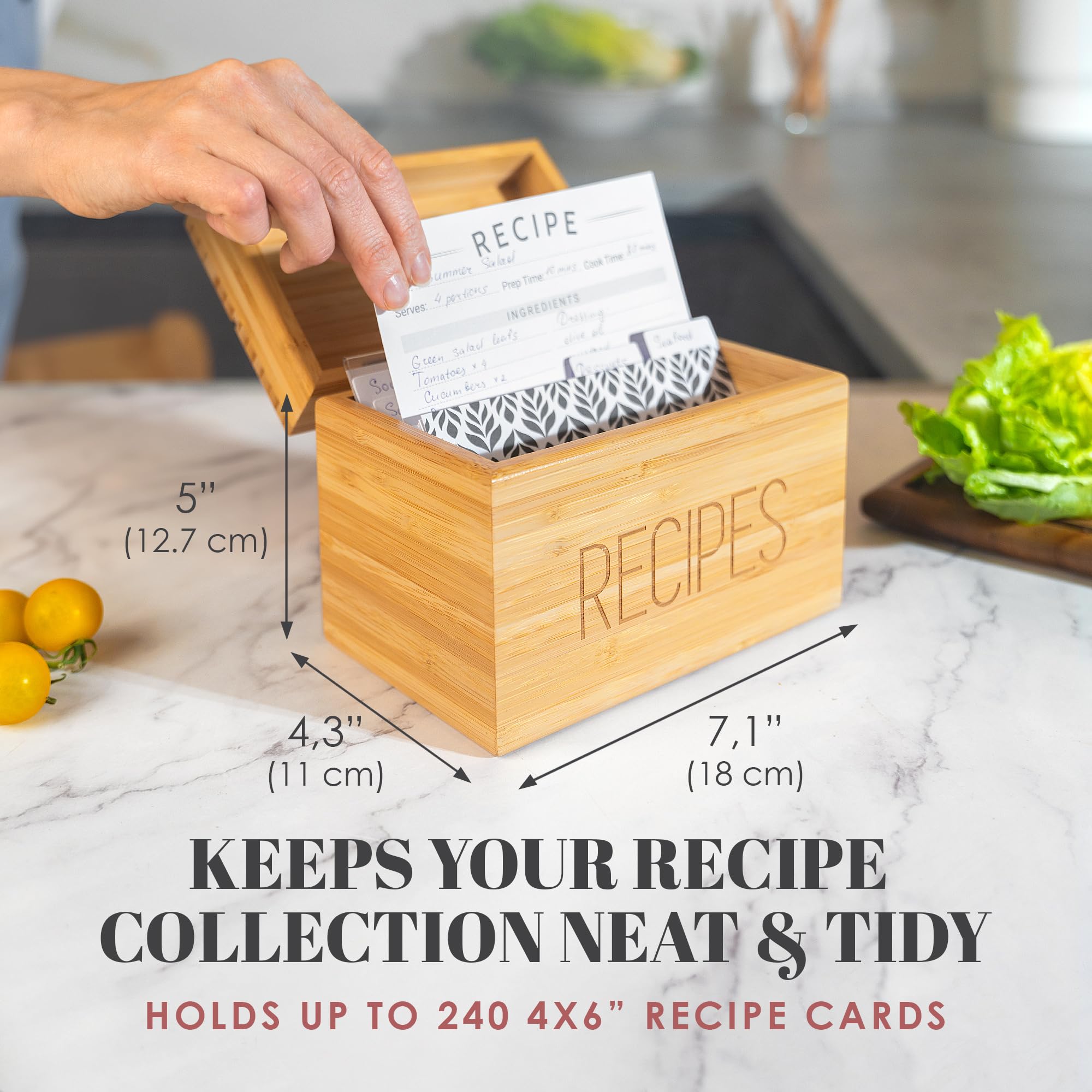 Recipe Box with Cards and Dividers by Apace - Vintage Style Wood 4x6 Recipe Holder Card Box - Exclusively from the Apace Living Premier Collection - Fits 240 Cards (Bamboo)