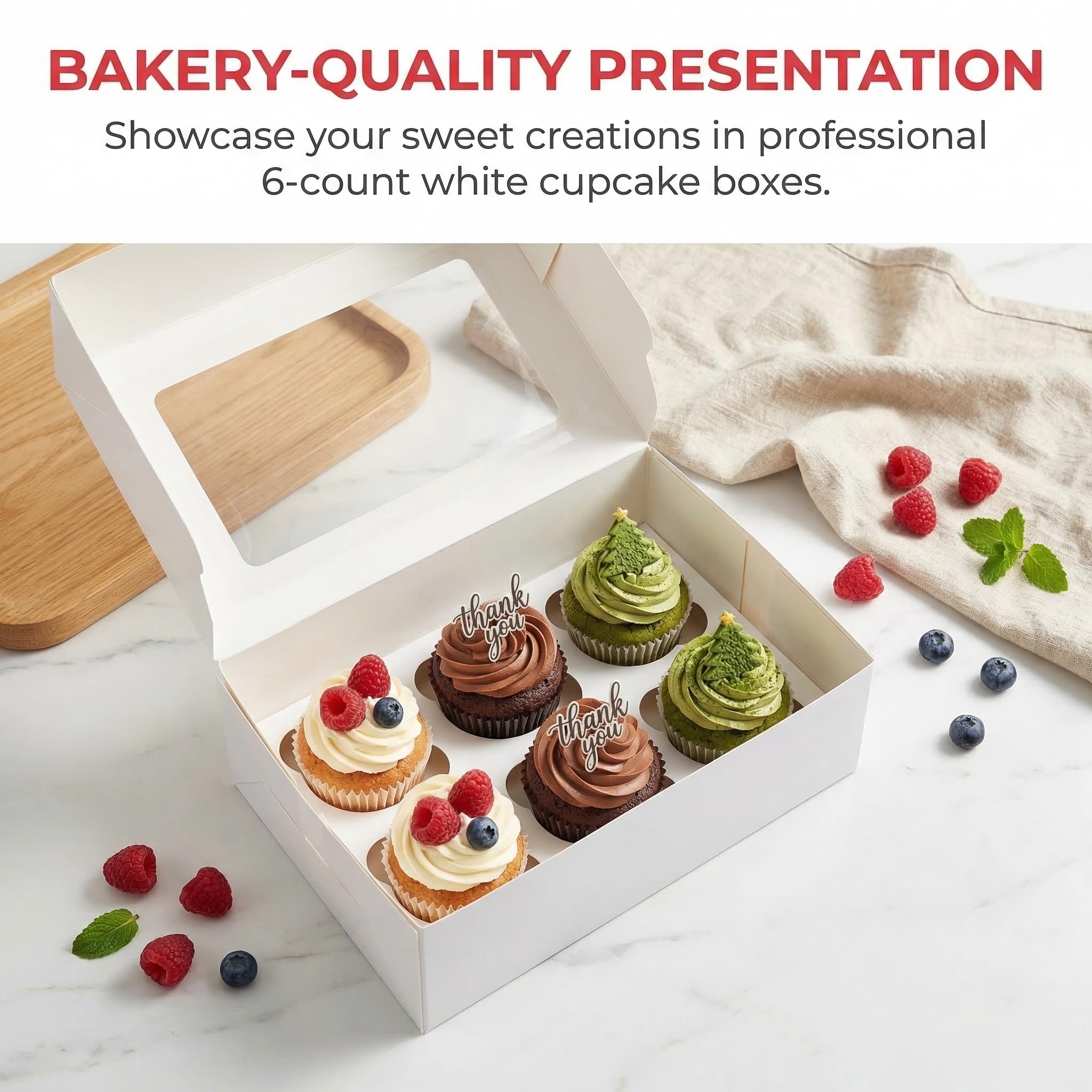 Jucoan 50 Pack Cupcake Box with Insert and Window Hold 6 Standard Cupcakes Muffins, Food Grade Cupcake Carrier Container, White Bakery Package Box for Pastry, Cookies, Small Cake, Party Dessert
