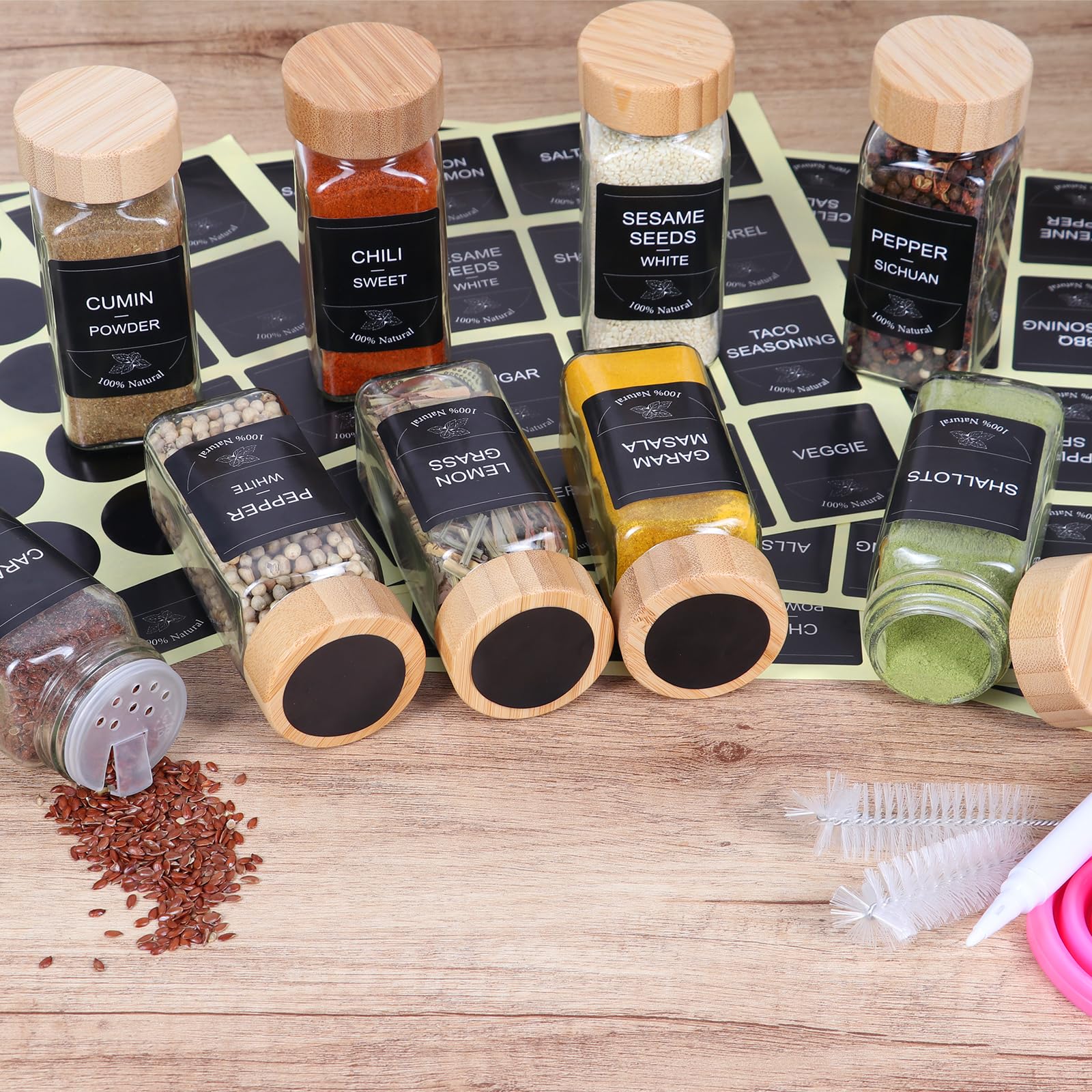 4oz Spice Jars with Bamboo Lids, 16pcs Glass Spice Jars with Labels, Shaker Lids, Funnel, Chalk Pen and Brush