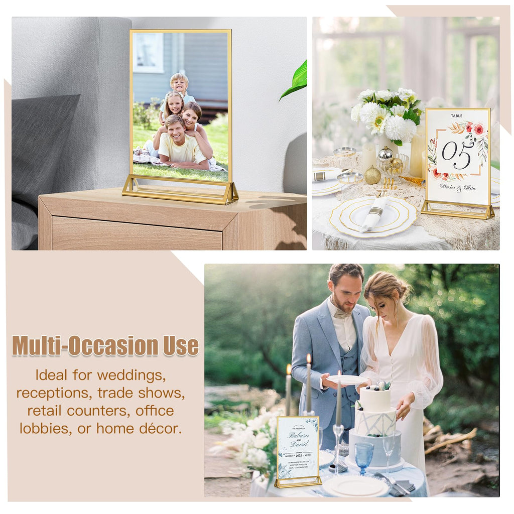 RUITENG 12 Pack Acrylic Sign Holder, 5x7 Clear Gold Frame Display Stand, Double Sided Picture Menu Flyer Holders, Wedding Table Number Frames for Cards Photo Party Decoration (5" x 7")