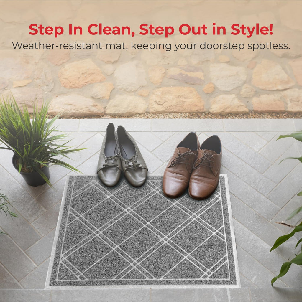 SlipToGrip Universal Plaid Door Mat - XL 42 x35 Inch Low-Profile Grey Entryway Rug with DuraLoop - Waterproof Indoor and Outdoor Welcome Mat for Front Door, Garage, Patio, Mudroom