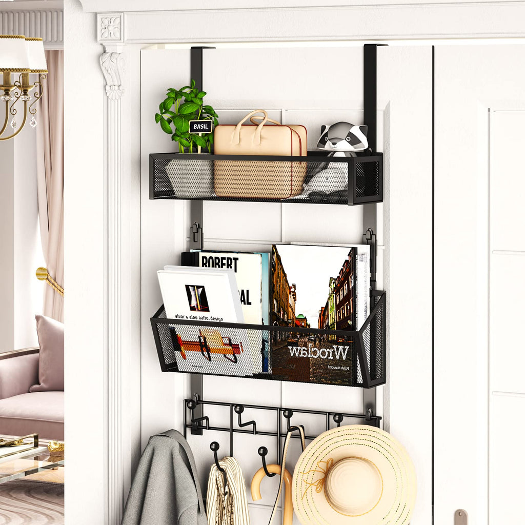 HapiRm Over The Door Hooks Organizer - High Capacity Over Door Hanger, 9 Hooks + 2 Mesh Baskets Storage for Hanging Clothes Towels Bag, in Kitchen Bedroom, No Drilling Metal Hanging Organizer, Black