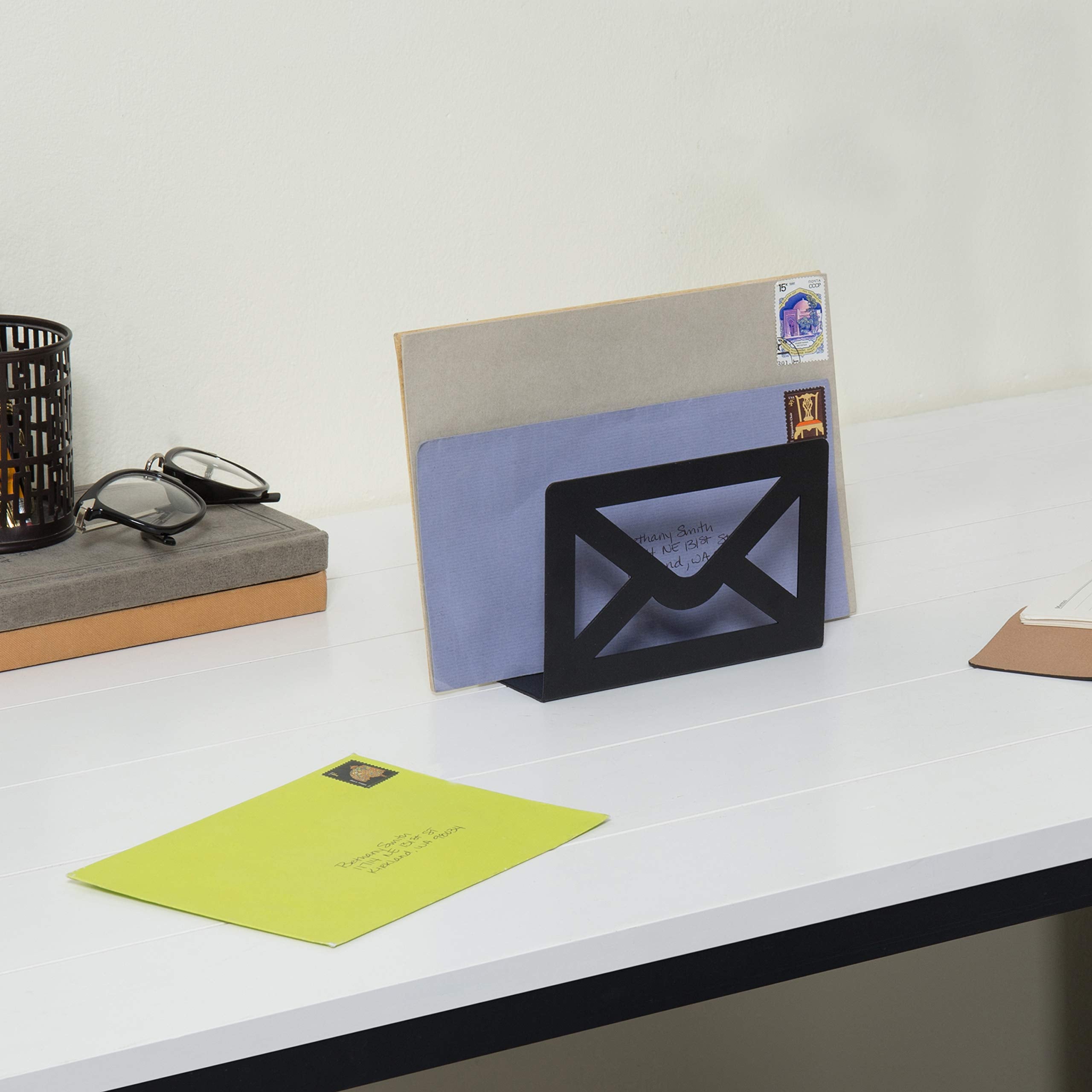 MyGift Modern Cutout Envelope-Design Black Metal Desktop Letter Holder