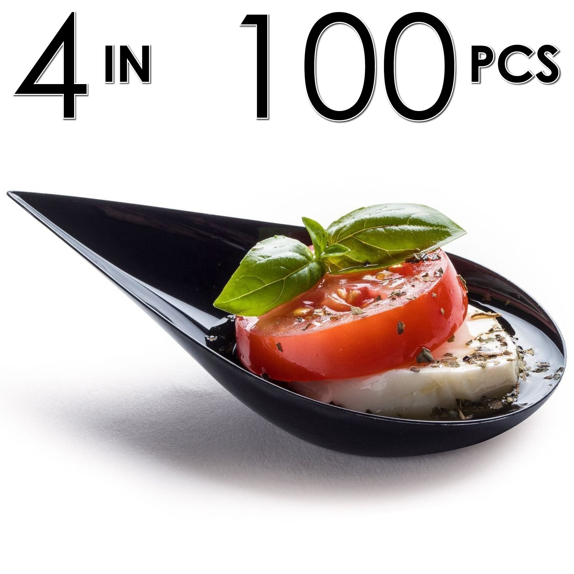 DLux 100 4-in Tear Drop Mini Appetizer Plates, Reusable Black Plastic Spoons - Desserts and Appetizers Dishes Serving Plate - Asian Spoon Set, Small Catering Dessert Tasting Cups - with Recipe Ebook
