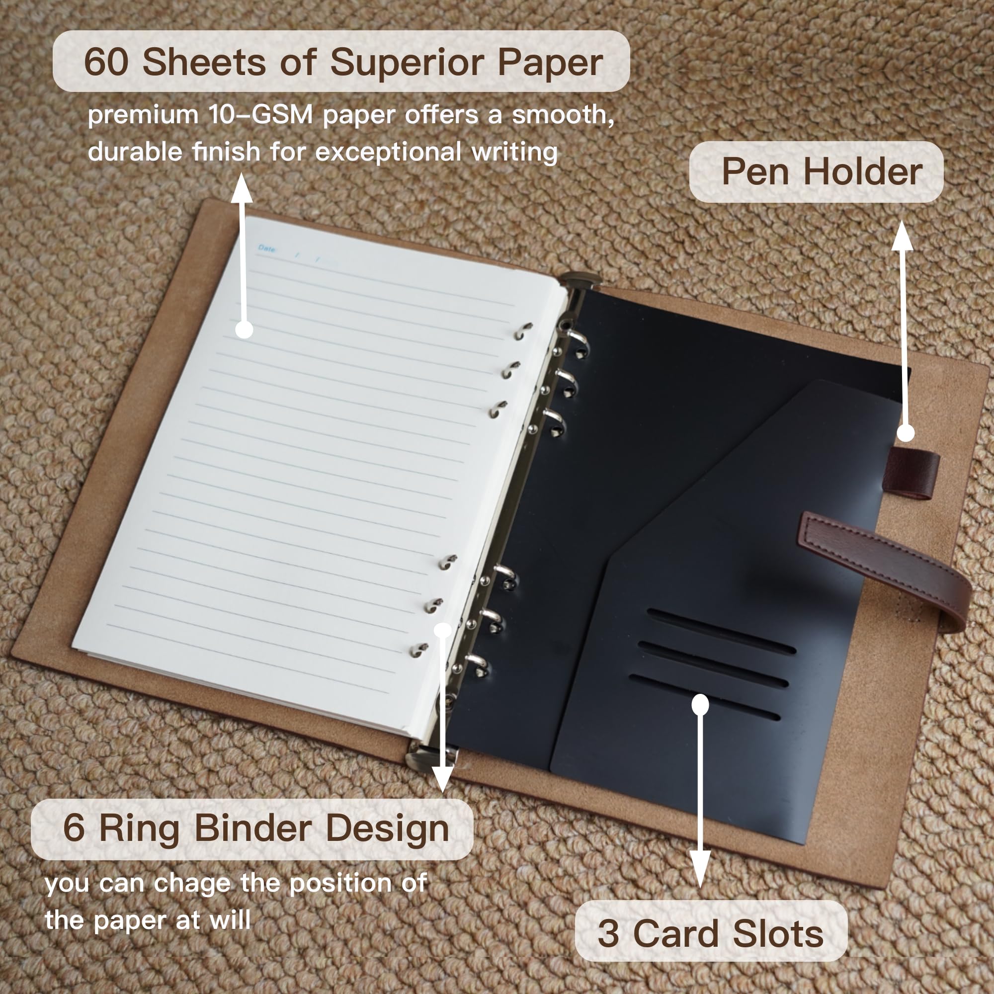 Adeerus Refillable A5 Leather Binder Notebook, Reusable Leather Journal, Vintage Organizer with 6-Ring Metal Binder, 120 Pages Lined Paper & Pocket, for Writers Business Work Study College and Daily