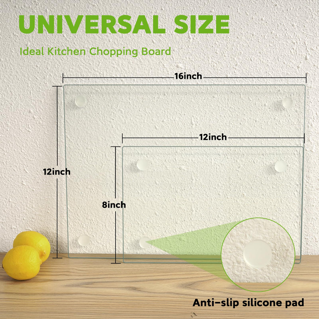 Tempered Glass Cutting Board for Kitchen, 2PCS Glass Chopping Board for Countertop, Clear Cutting Board with Rubber Feet, Shatter-Resistant, Heat Resistant, Easy to Clean (2PCS - 12"x16" & 12"x8")