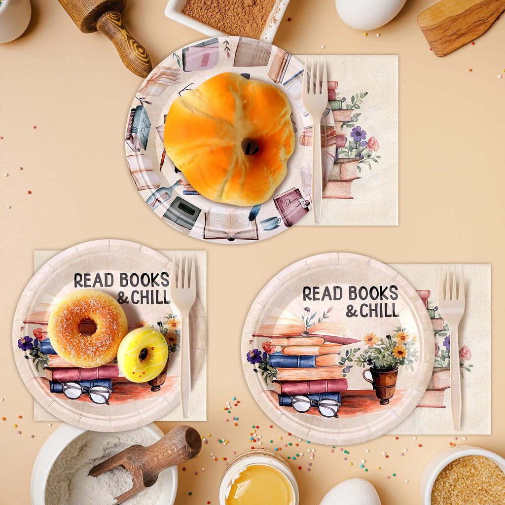 96 Pcs Book Party Decorations Tableware Set Books Lover Gift Disposable Book Club Paper Plate Napkin Fork for Guest Library Reading Storybook Party Supplies Birthday Baby Shower Party Dinnerware Decor