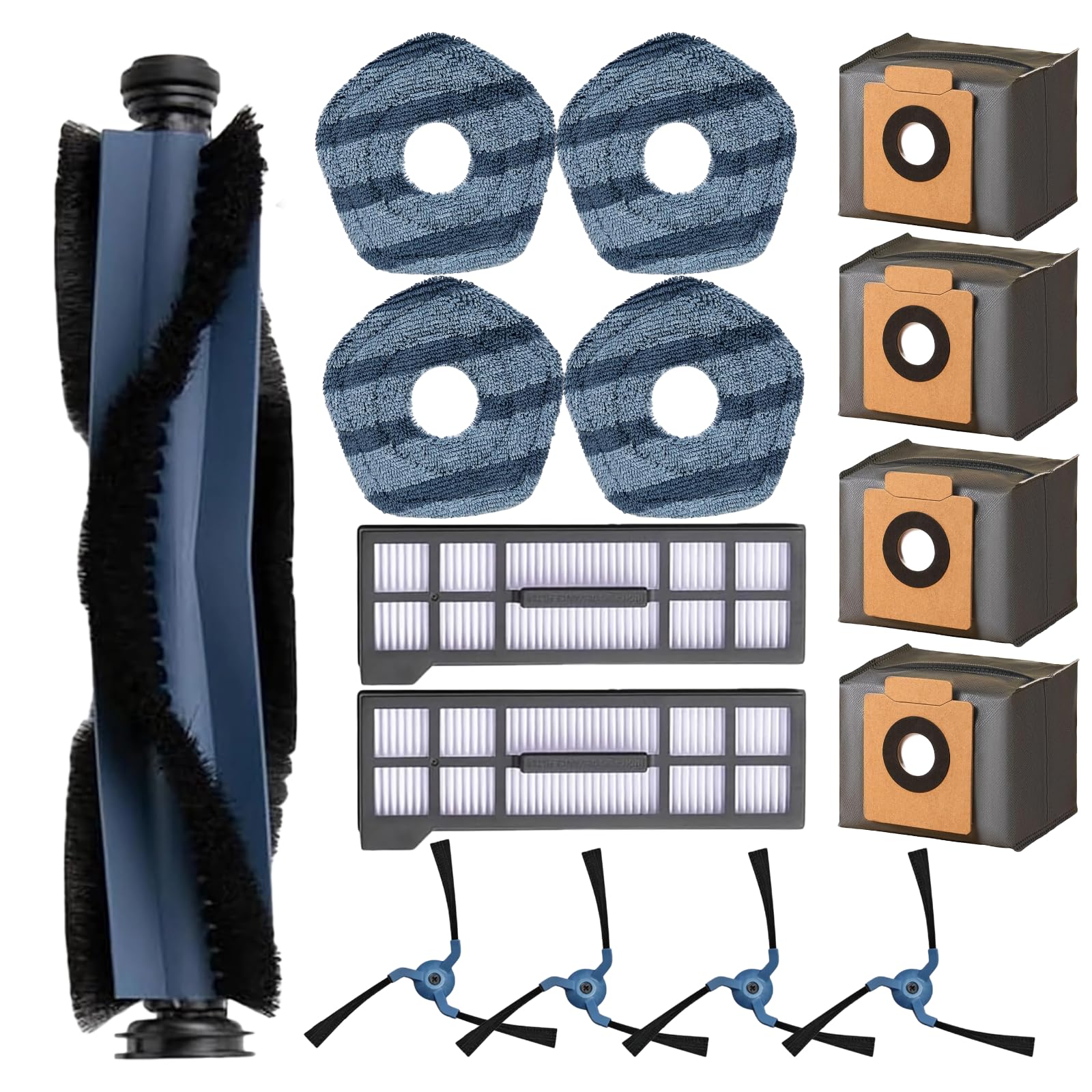 Replacement Parts for Eufy X10 Pro Omni Vacuum Cleaner Accessories Kit, 1 Main Brush, 2 Hepa Filters, 4 Dust Bags, 4 Mop Pads, 4 Side Brushes