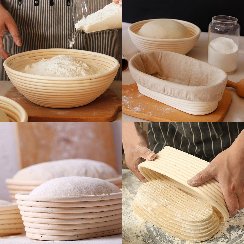 Sourdough Bread Baking Supplies, 2 Pack Banneton Bread Proofing Basket 10 inch Round & 10 inch Oval Proofing Bowls for Sourdough Bread with Liner for Making Baking Fermentation Tools