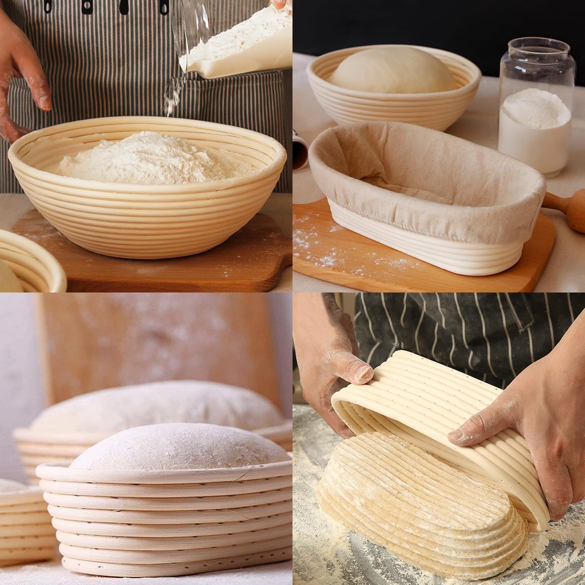 Sourdough Bread Baking Supplies, 2 Pack Banneton Bread Proofing Basket 10 inch Round & 10 inch Oval Proofing Bowls for Sourdough Bread with Liner for Making Baking Fermentation Tools