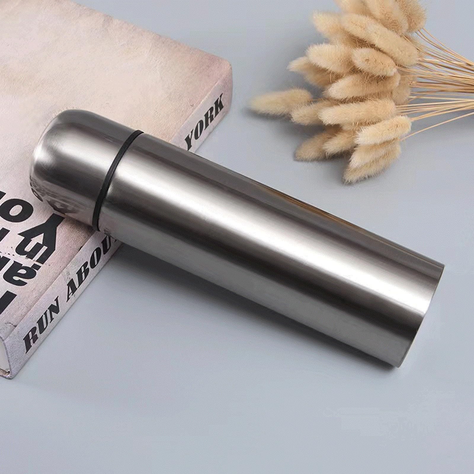 Stainless Steel Thermal Bottle for Hot and Cold Drinks Travel Coffee Mug with Cup Water Flask Vacuum Insulated Tumbler 17 oz/500ml （Silver）