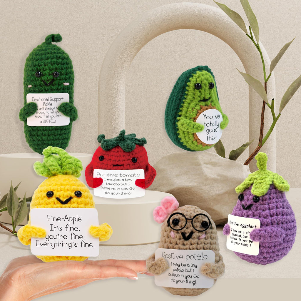 QNNEFF 6PCS Positive Potato Cute Emotional Support Pickle Funny Mini Positive Crochet Dolls Avocado Pineapple Eggplant Tomato Holding Positive Cards Wool Knitted Toy Encouragement Gifts