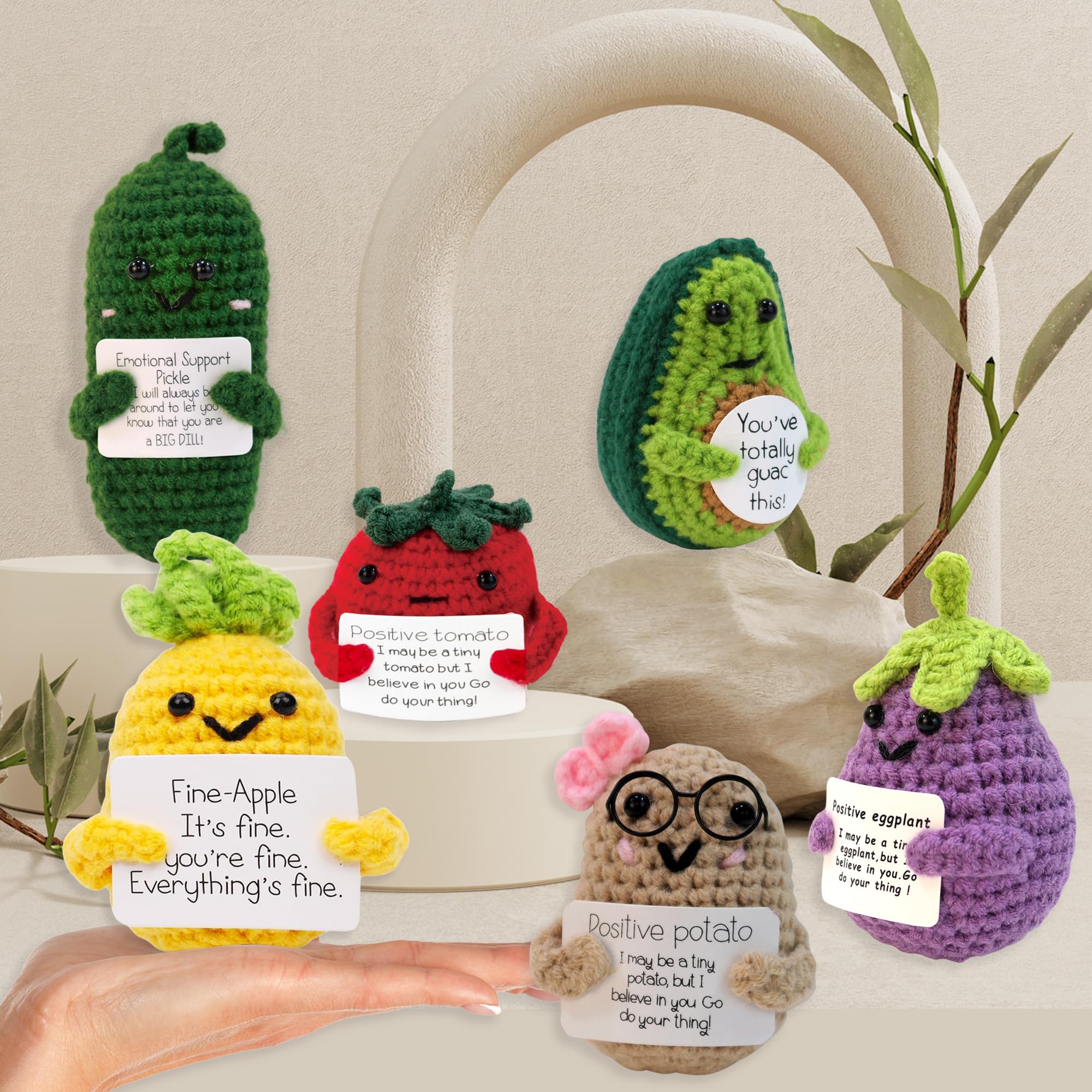 QNNEFF 6PCS Positive Potato Cute Emotional Support Pickle Funny Mini Positive Crochet Dolls Avocado Pineapple Eggplant Tomato Holding Positive Cards Wool Knitted Toy Encouragement Gifts