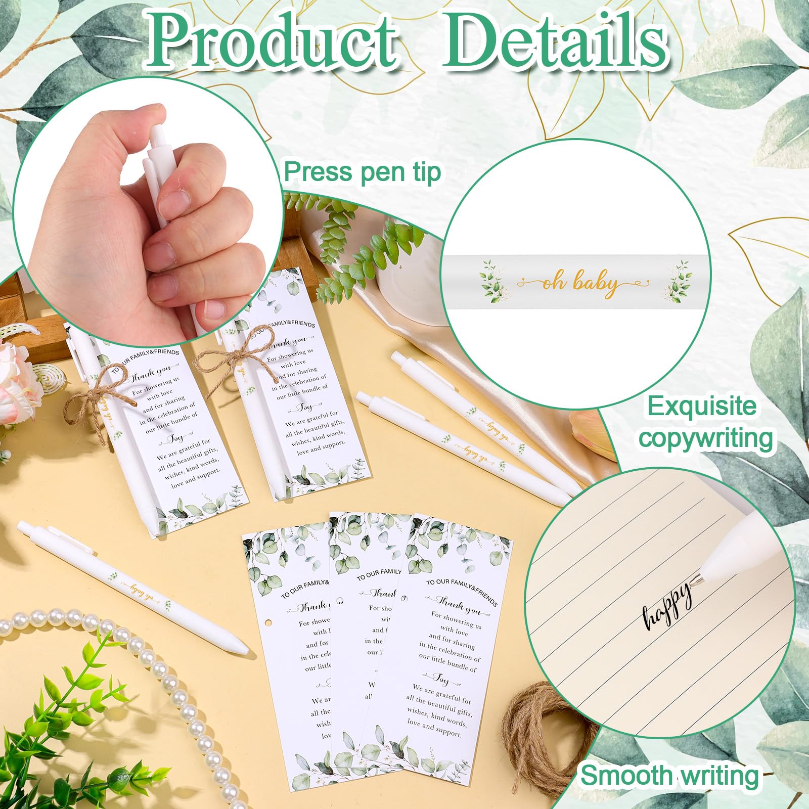 PIAOPIAONIU 36 Sets Baby Shower Favors for Guests Oh Baby Plastic Ballpoint Pens Thank You Cards with Hemp Rope for Gender Reveal Party Game Prizes Souvenirs (Greenery)