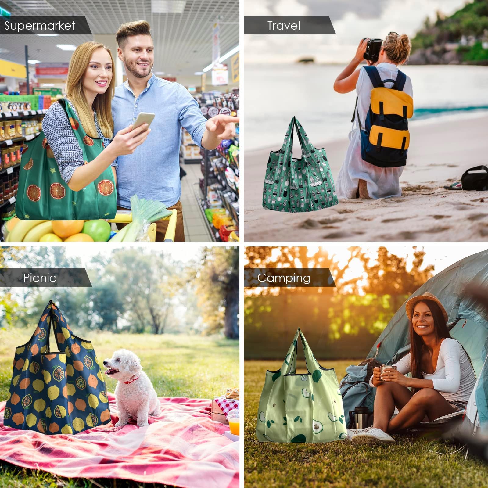 OQOQ 4 Pack Foldable Grocery Bags - Reusable Shopping Bags Tote Bags Folding into Pouch for Shopping Travel Home Organization Outdoor Camping(B)
