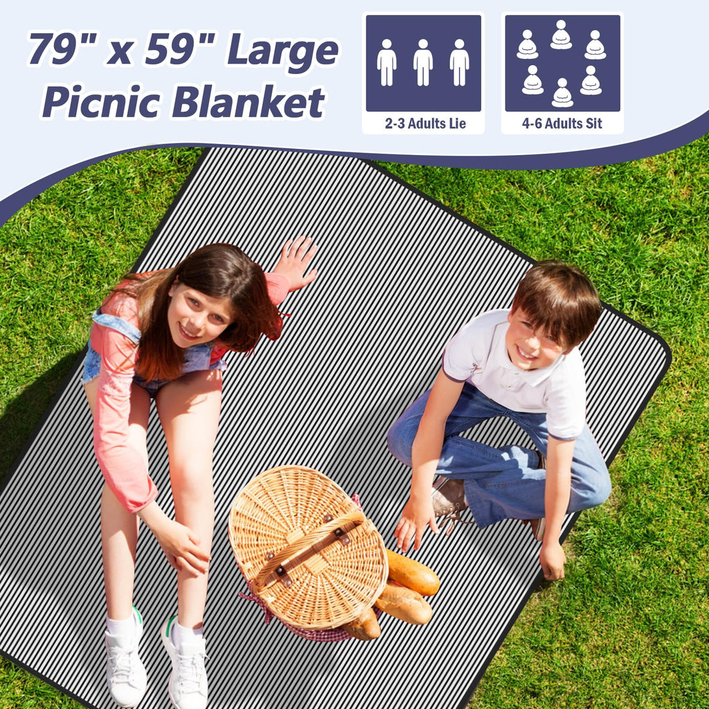 Aenithsy Picnic Blanket Waterproof, 59"x79" Picnic Mat with Carrying Handle, Foldable Washable Beach Blanket for Outdoor Activities, Park, Camping, Hiking(Blue Stripe)