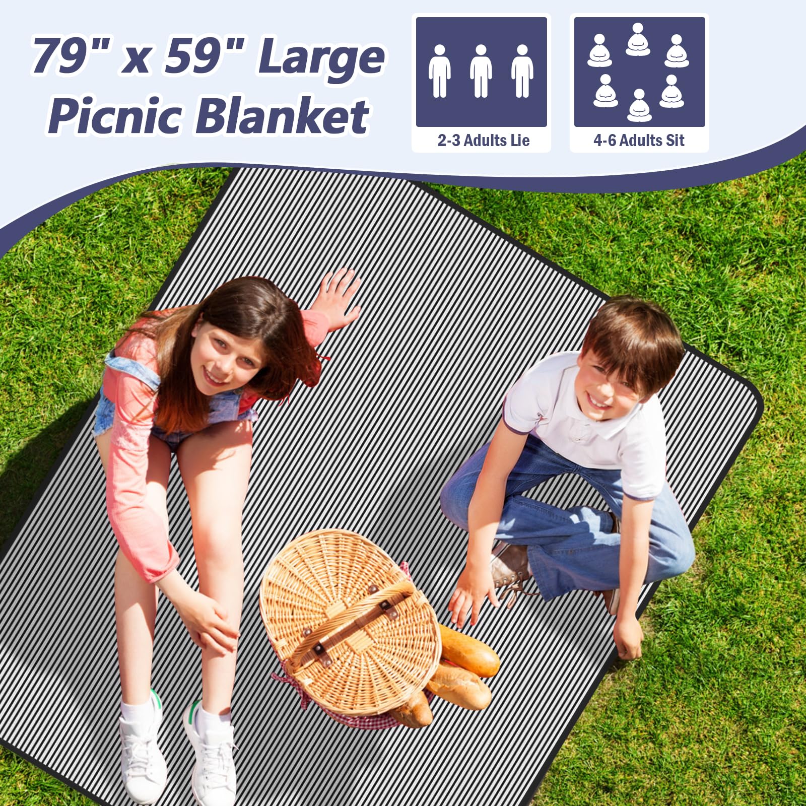 Aenithsy Picnic Blanket Waterproof, 59"x79" Picnic Mat with Carrying Handle, Foldable Washable Beach Blanket for Outdoor Activities, Park, Camping, Hiking(Blue Stripe)