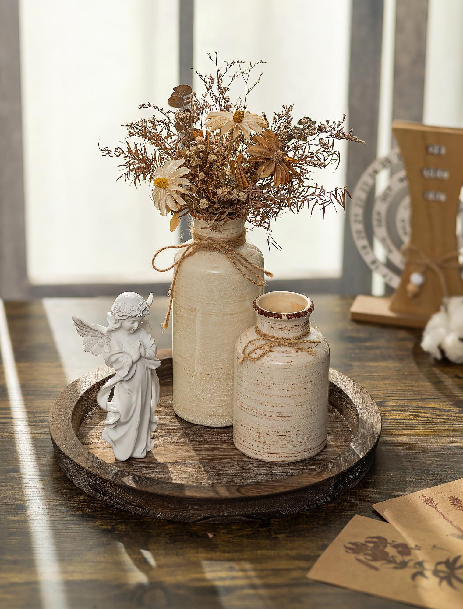 Hanobe Candle Holder Tray Decor: Round Coffee Table Decorative Tray for Home Decor - Farmhouse Wood Plate Circle Display for Living Room Kitchen Centerpiece