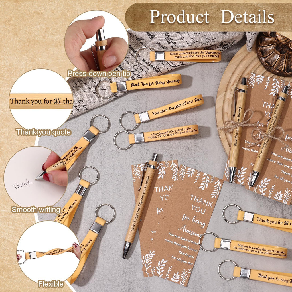 60 Pcs Employee Appreciation Gifts Inspirational Bamboo Ballpoint Pens Bulk Thank you Quotes Cards Silicone Keychain with Twine for Colleagues Teacher Team Volunteer Supplies (Wood Color)