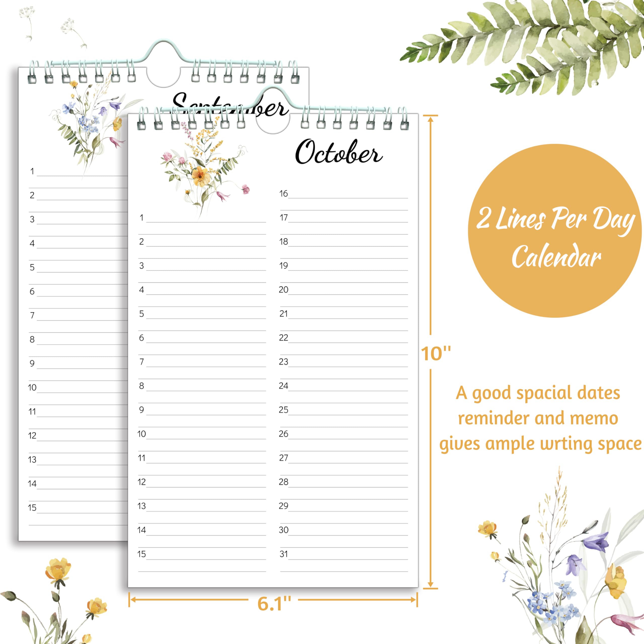Perpetual Calendar – Undated Calendar 12-Month for Birthday, Anniversaries, Important Days, Festivals Reminder, 6'' x 10'' with 2 Lines Per Days, Twin-wire Binding, Thicker Paper, Minimalist Flowers