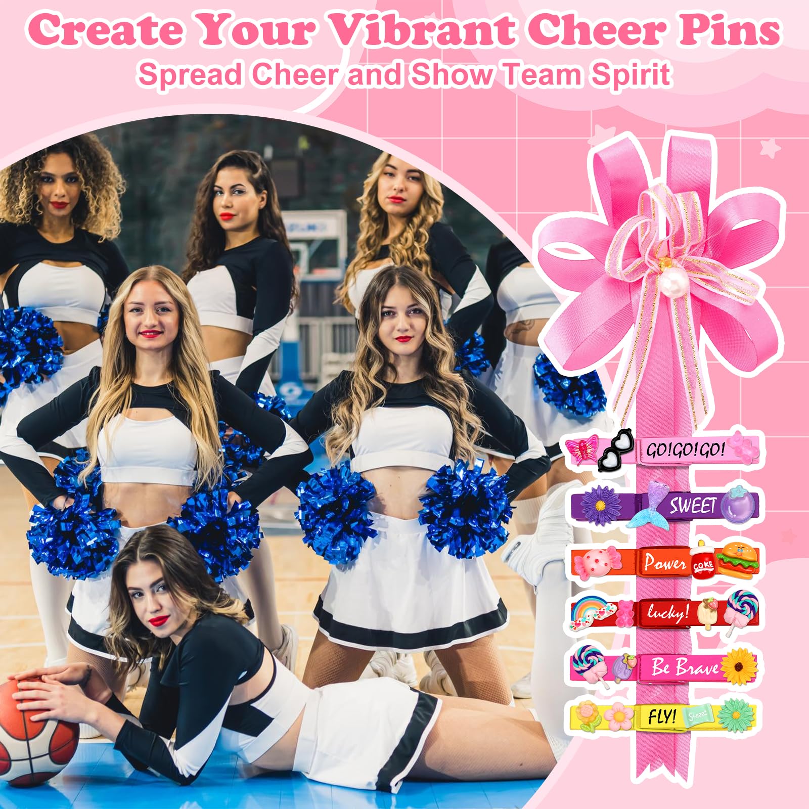 Cheer Pins Spirit Clip Set, 100 Colored Wooden Clothes Pins 340 Mini Resin Animals Ducks Letter Beads Bows Stickers Pen, Pin Decor for Cheerleading Backpack Ribbon Team Classroom Cheer Gift Bulk