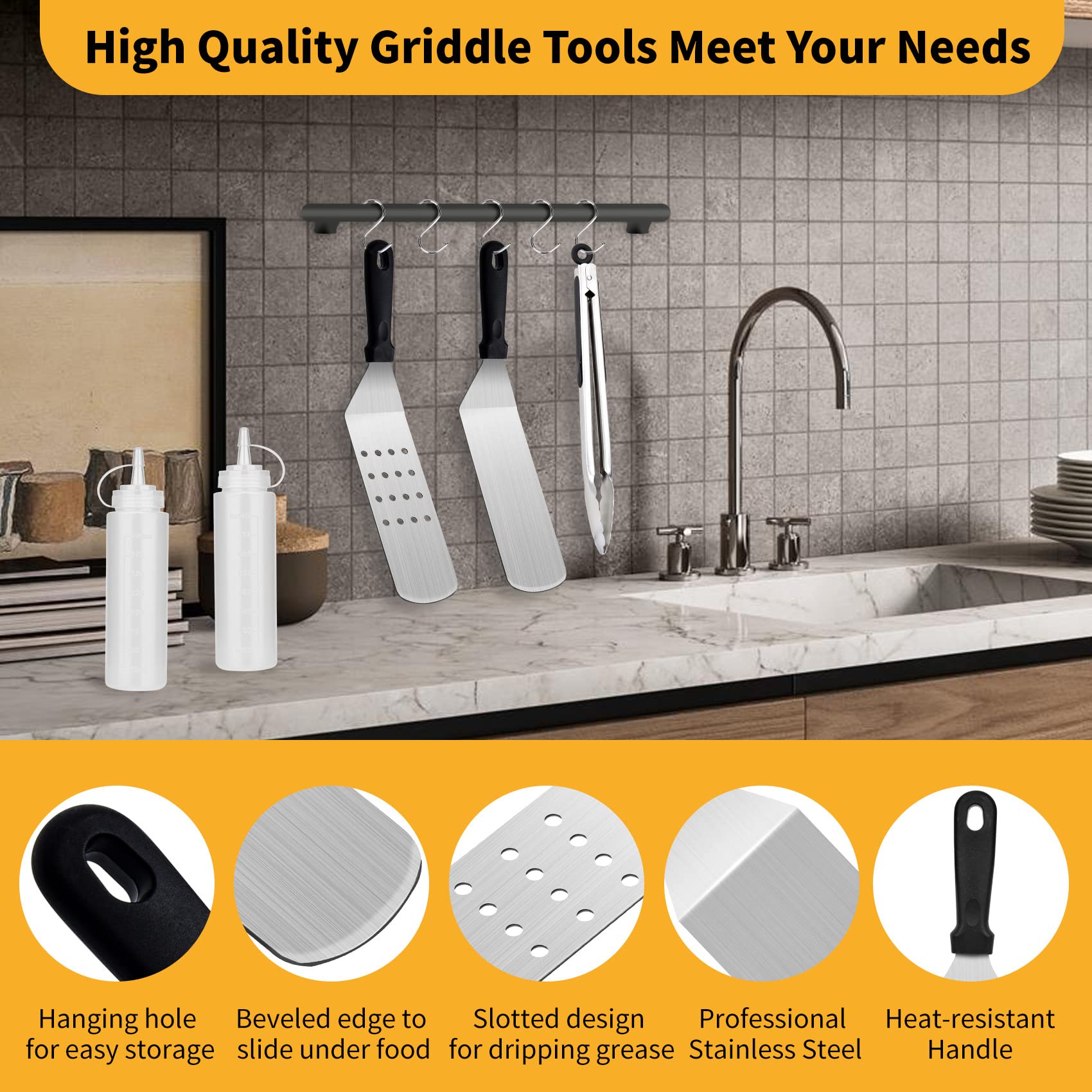 Onlyflame 10PCS Professional BBQ Griddle Tool Kit for Flat Top Grill - Stainless Steel & Plastic Accessories with Carry Bag