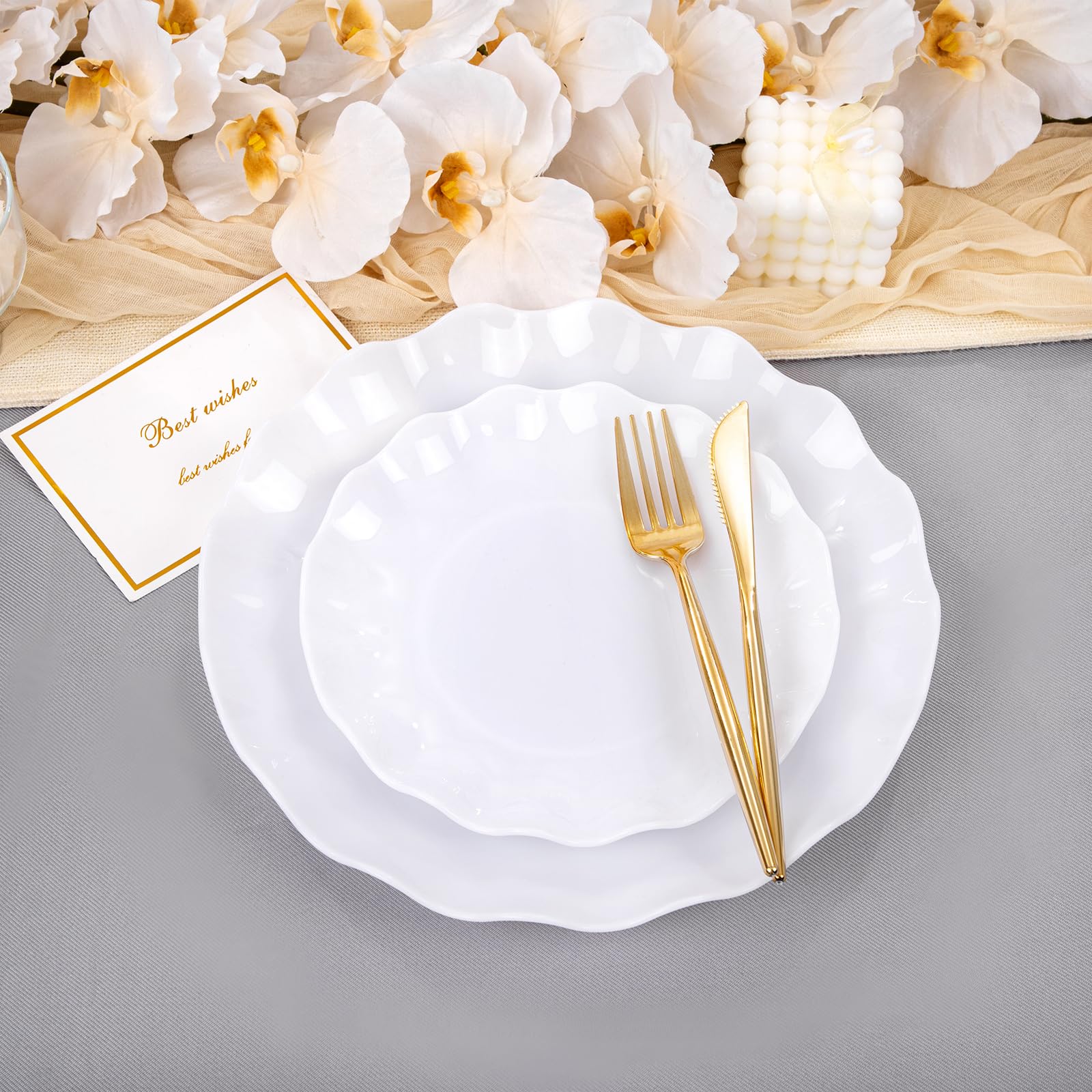 LIYH 24pcs White Plastic Plates Reusable, Unbreakable Dinner & Salad Plates, Microwave & Dishwasher Safe, Perfect for Parties, Birthday, Picnics, BPA Free (12 Guests)