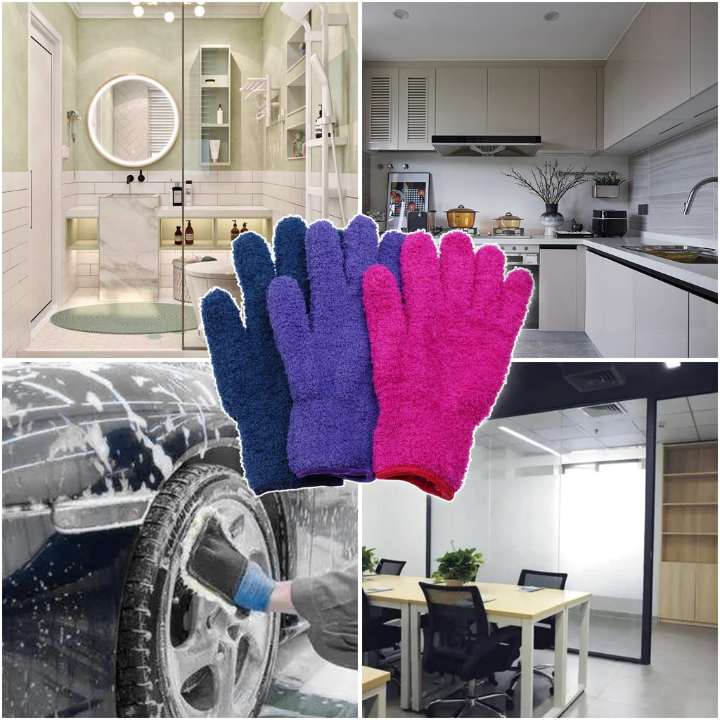 Ikosora 3 Pairs Microfiber Dusting Gloves for House, Car, and Plant Leaf Cleaning - Reusable Mitt for Blinds - Blue, Rose, Purple