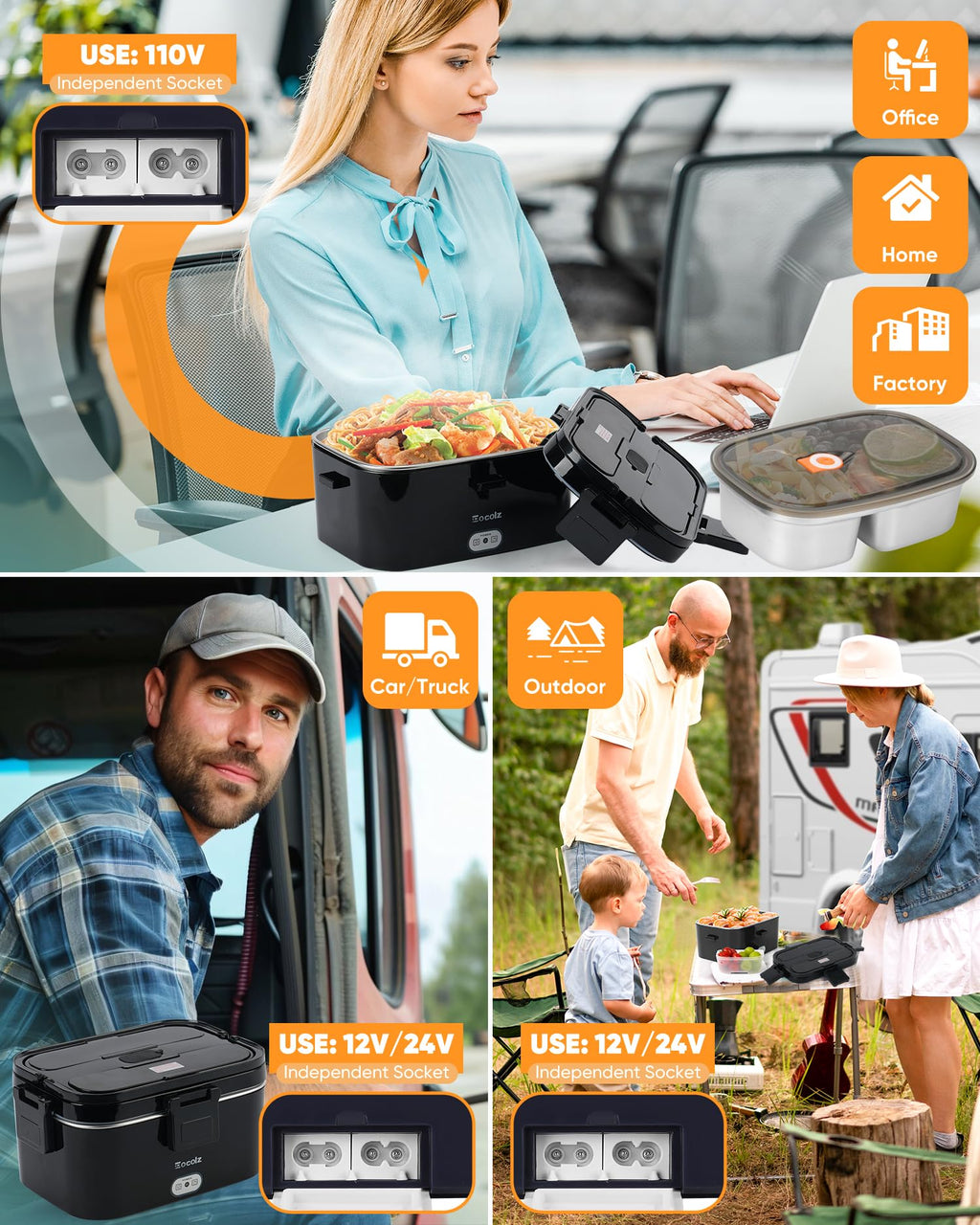 Electric Lunch Box Food Heater - 100W Fast Heating Lunch Box 12V/24V/110-230V Warming Lunchbox, Dual 1.8L Containers, Portable Food Warmer for Car/Truck/Travel, with Spork & Carry Bag (Black)