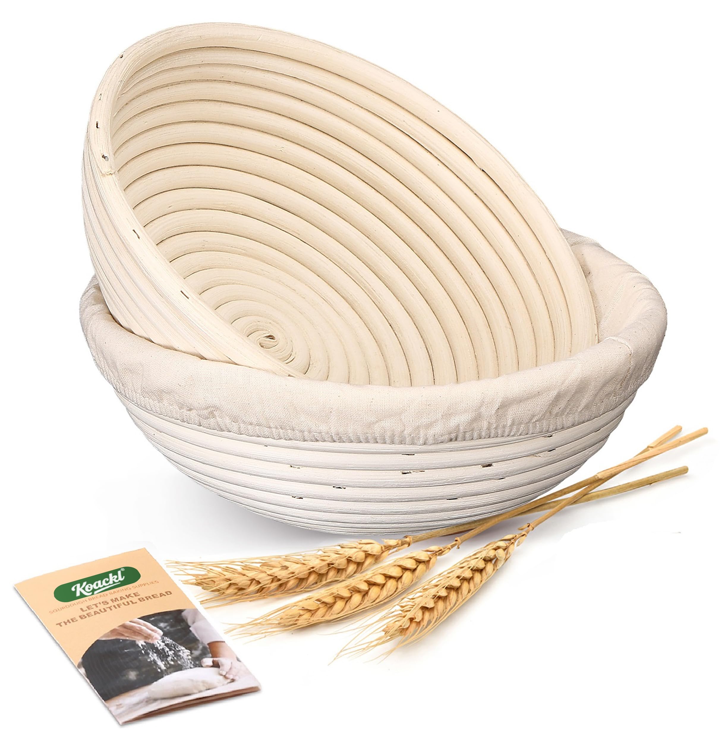 KOACKL Banneton Proofing Basket Set, Sourdough Bread Starter Kit, Round Banneton Sourdough Bread Making Tools Kit with Linen Cover Bread Brotform Perfect for Baking Dough with Rising Pattern