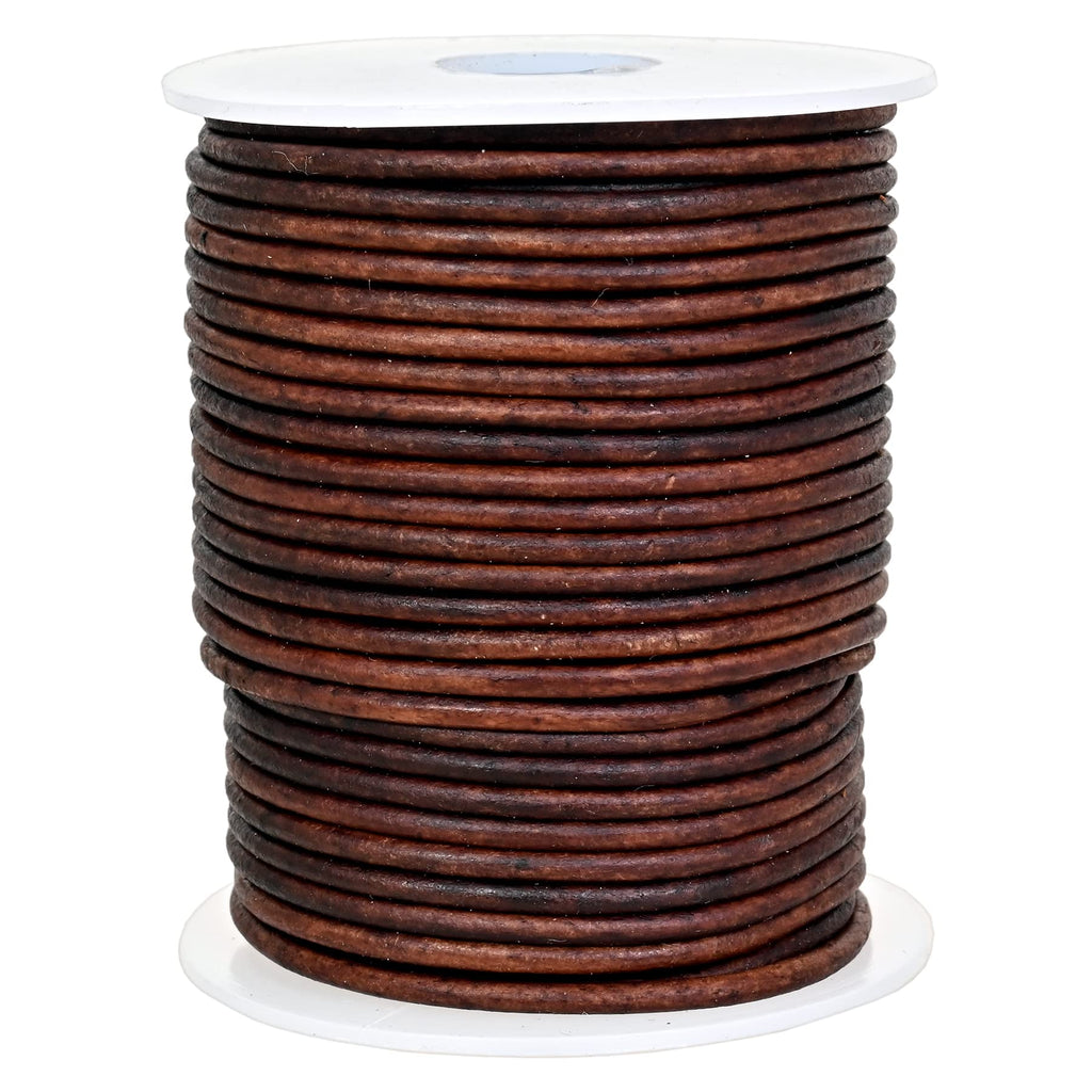 GENIQUE Real/Genuine Round Leather Cord for Jewelry Making, Leather String Cord for Crafting Supplies, Necklace, Bracelets, Braiding, Wraps (2mm, Antique Brown Distressed)